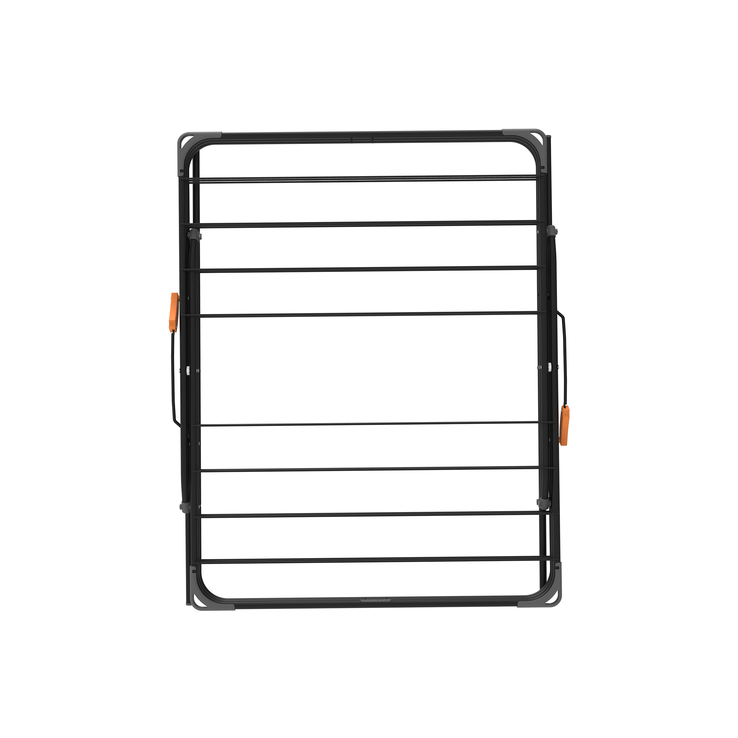 A black drying rack with orange handles, on a white background.