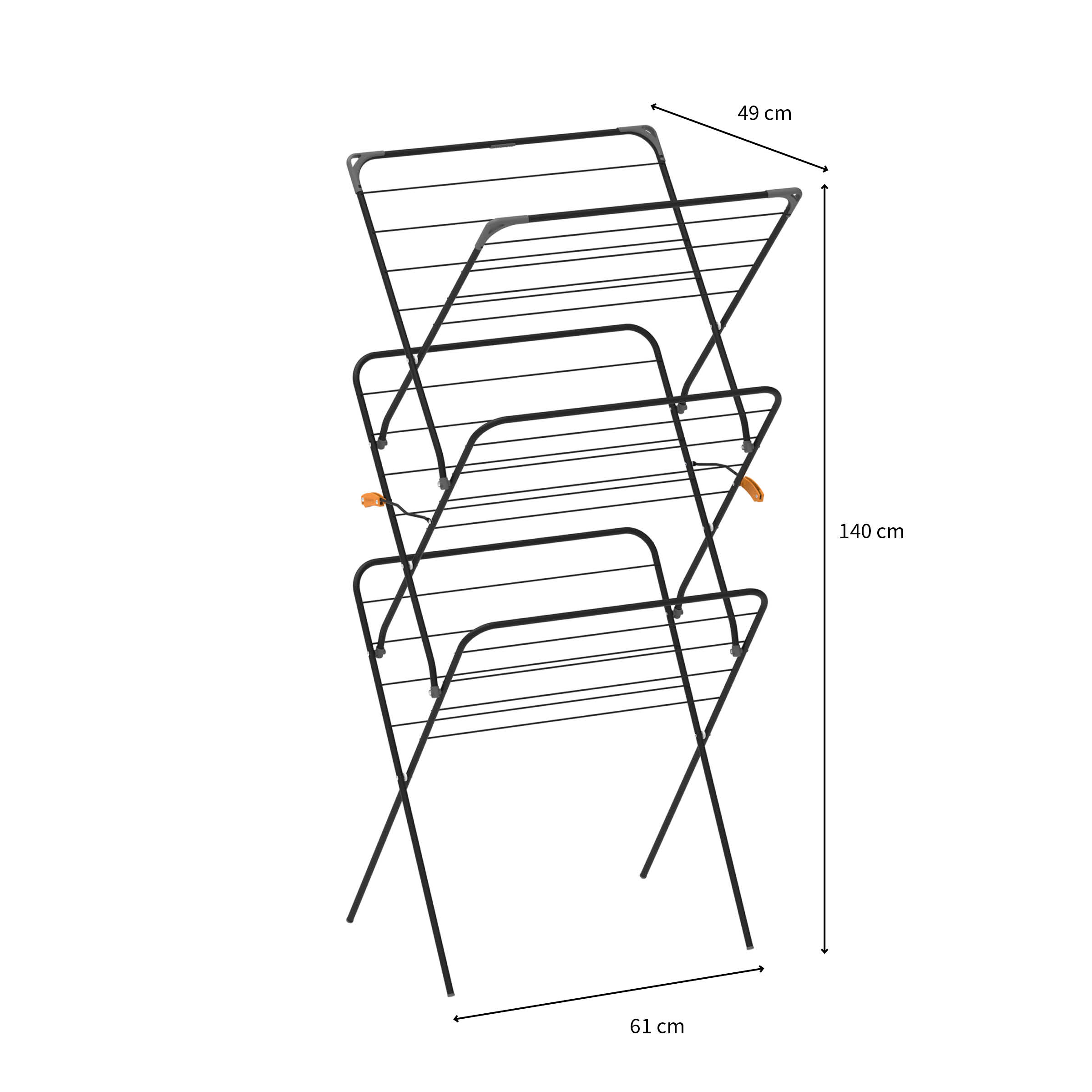 A black three-tier drying rack with orange clips.