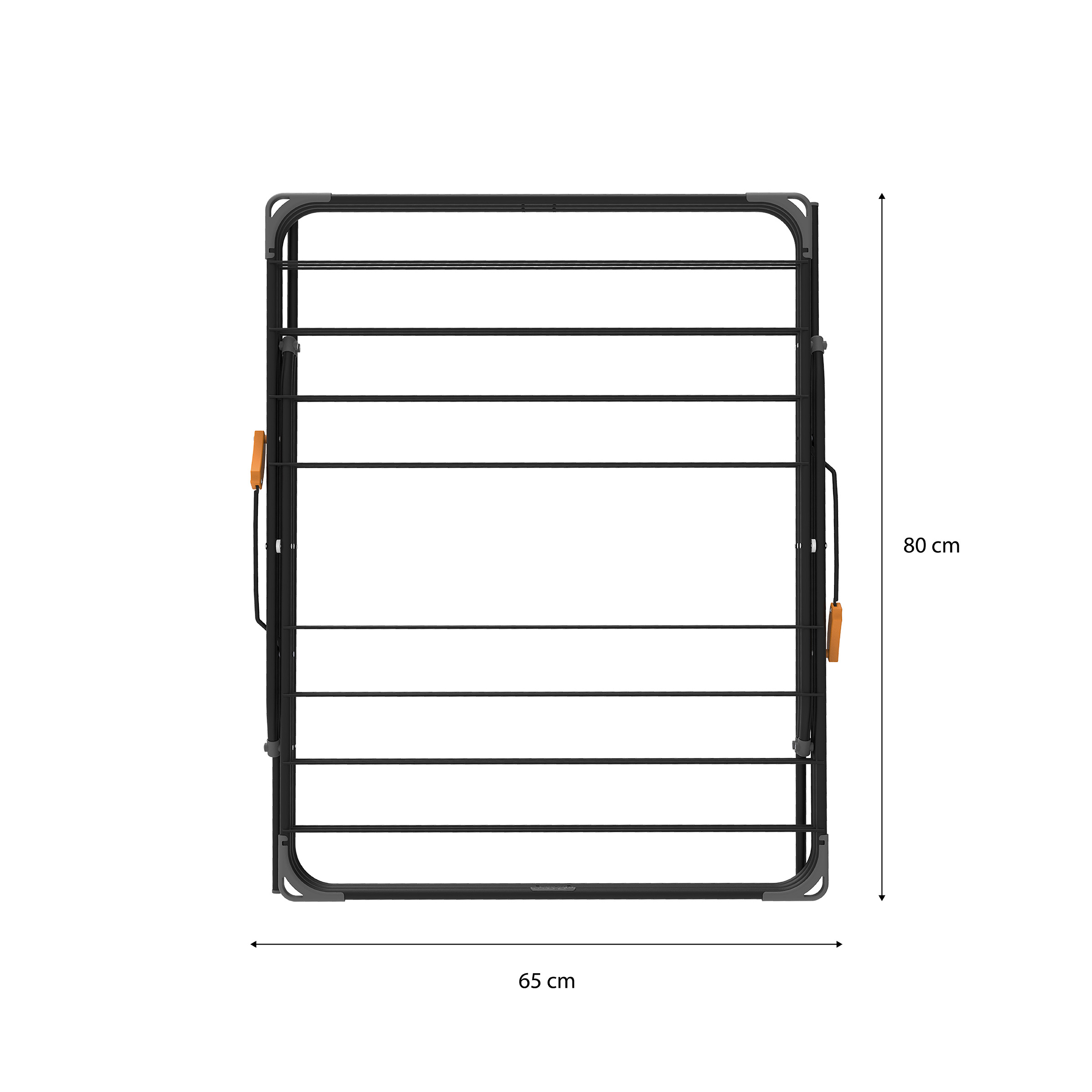 A foldable black metal drying rack with orange handles, 80x65 cm.