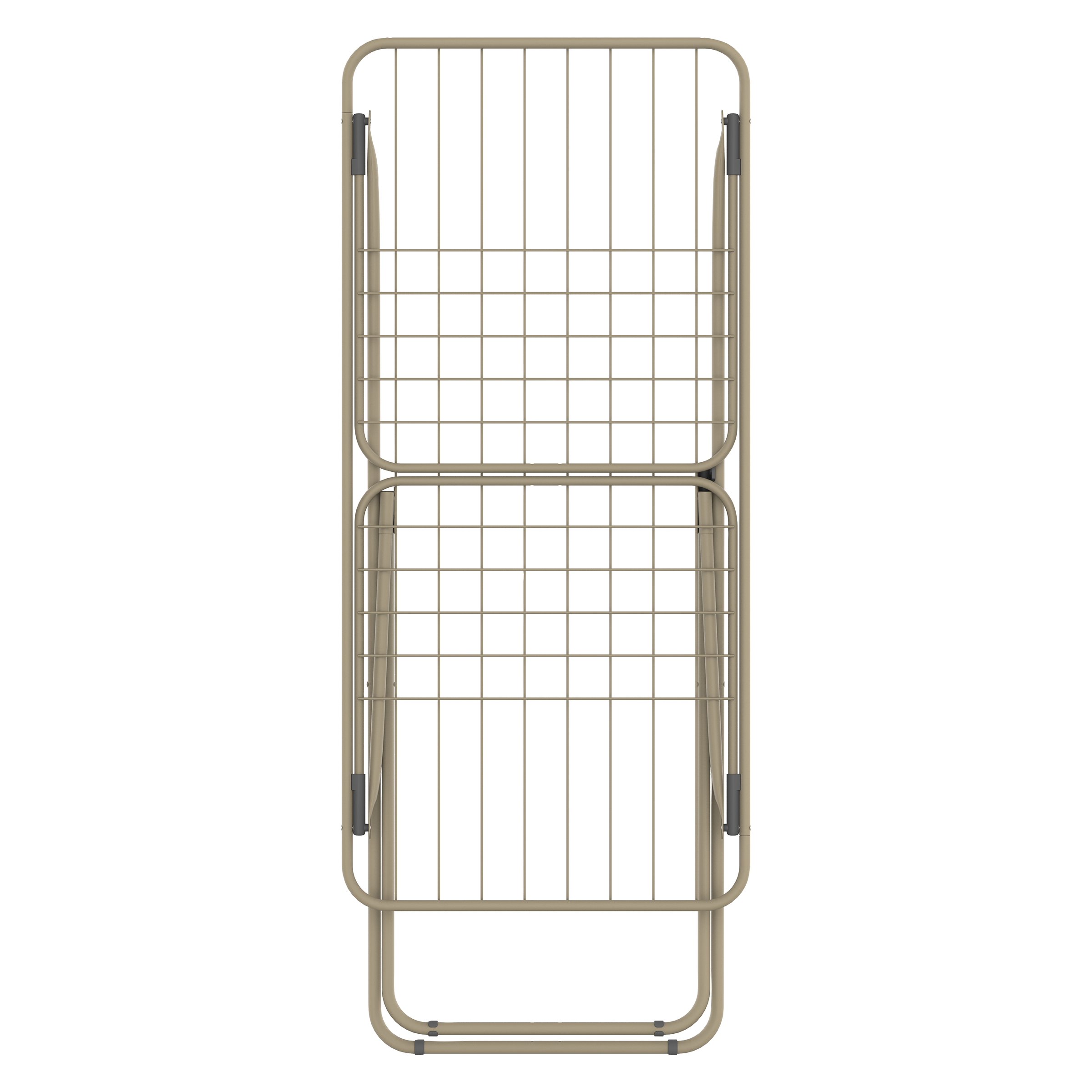 A folded, beige drying rack against a white background.