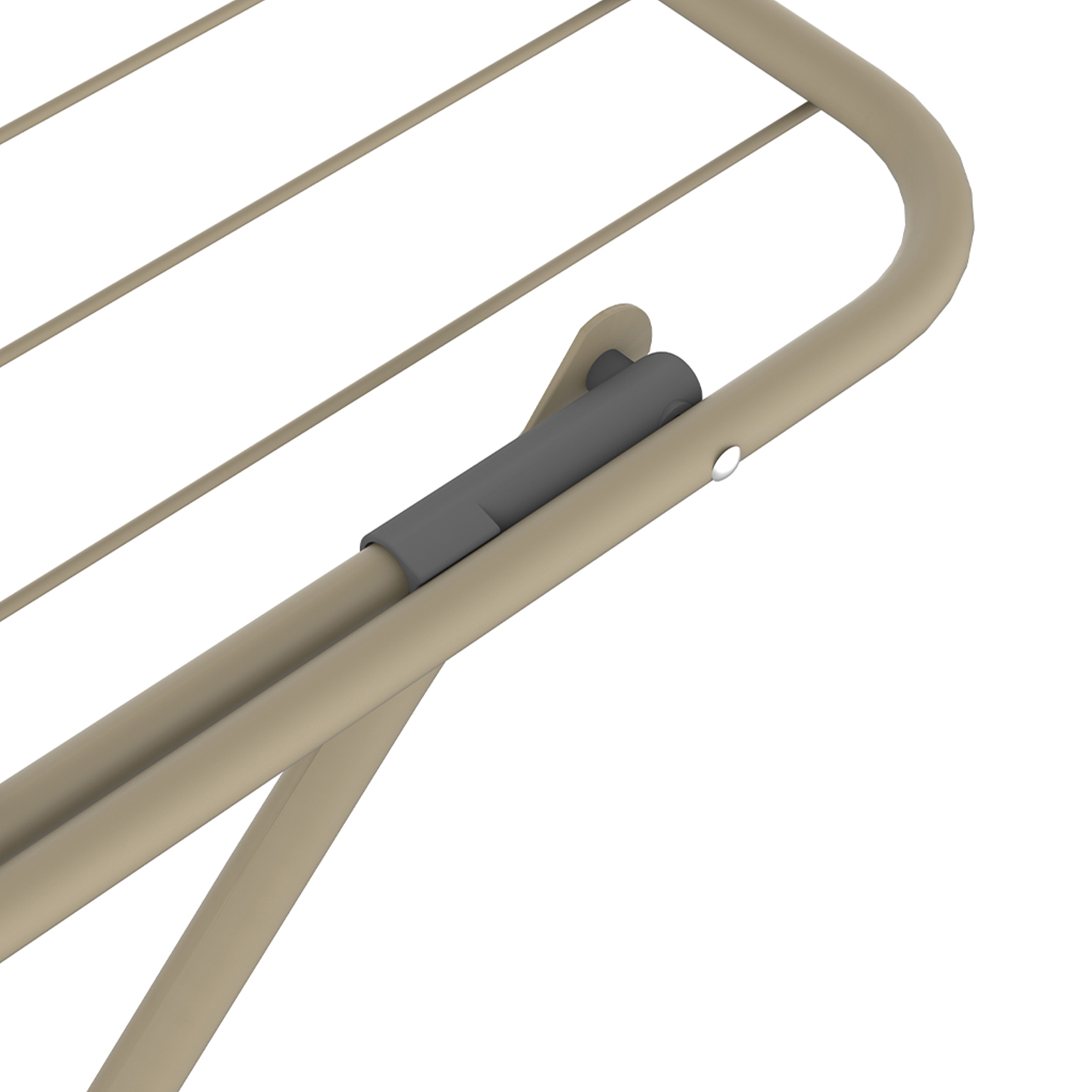 Close-up of a tan drying rack with a gray joint piece.