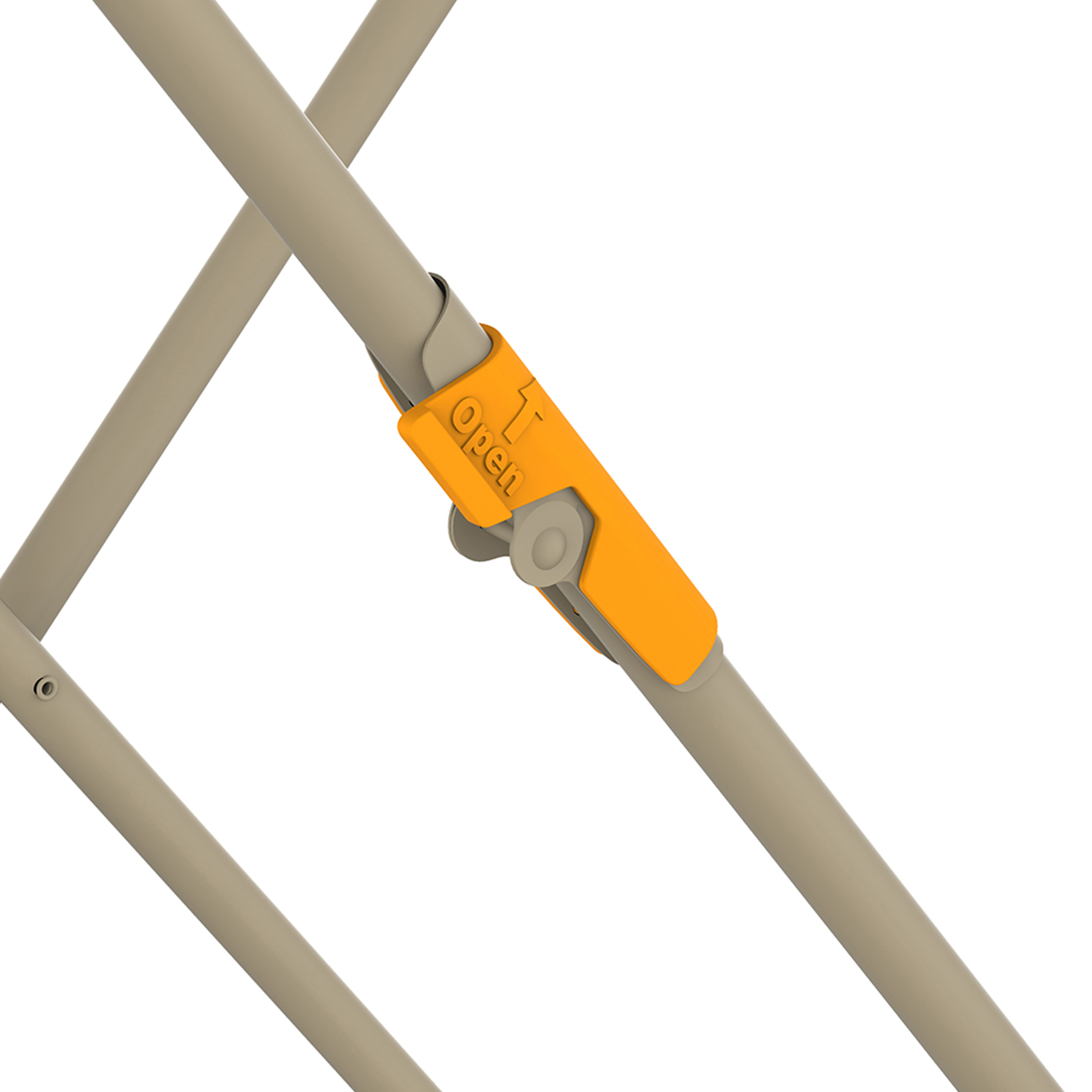 A close-up of a beige metal frame with an orange plastic connector, labeled 'Open' with an arrow.
