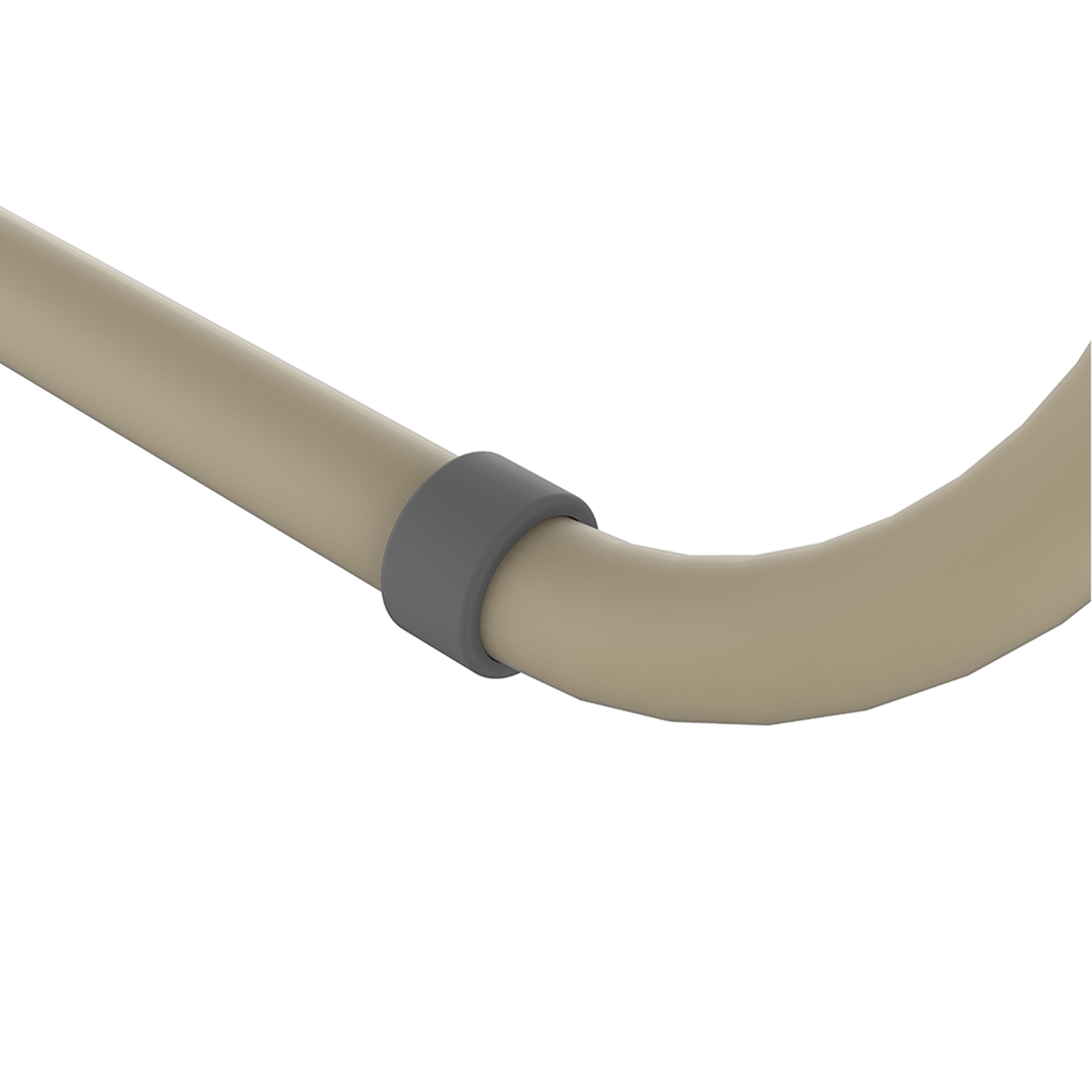 A beige curved metal rod with a gray ring.