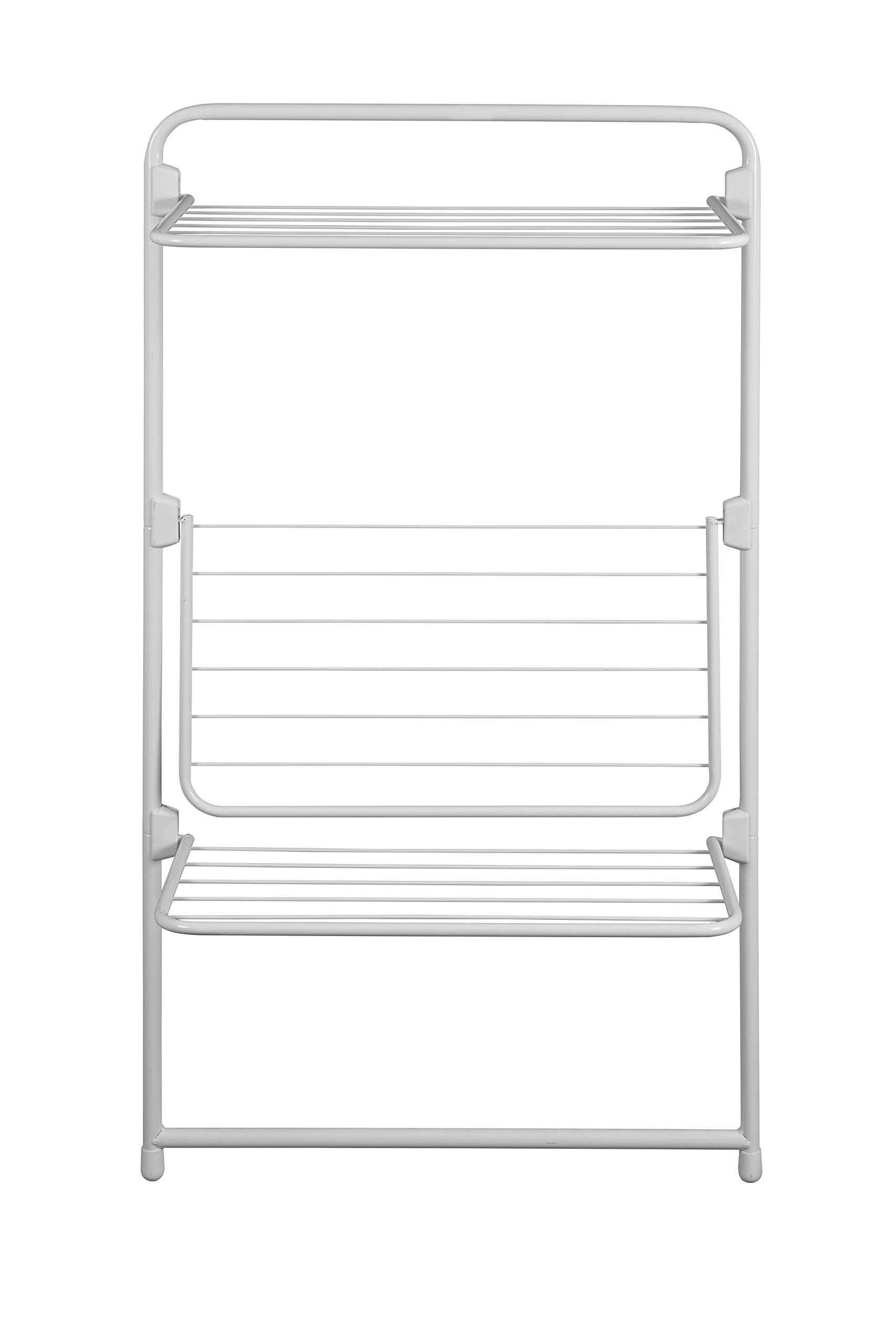 Un étendoir à linge blanc à trois niveaux avec des barres horizontales.