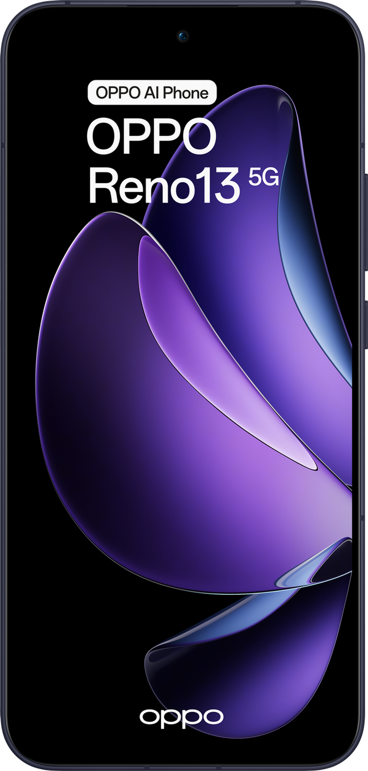 OPPO Reno13 5G: Smartfon z fioletowo-niebieskimi falami i logo OPPO.
