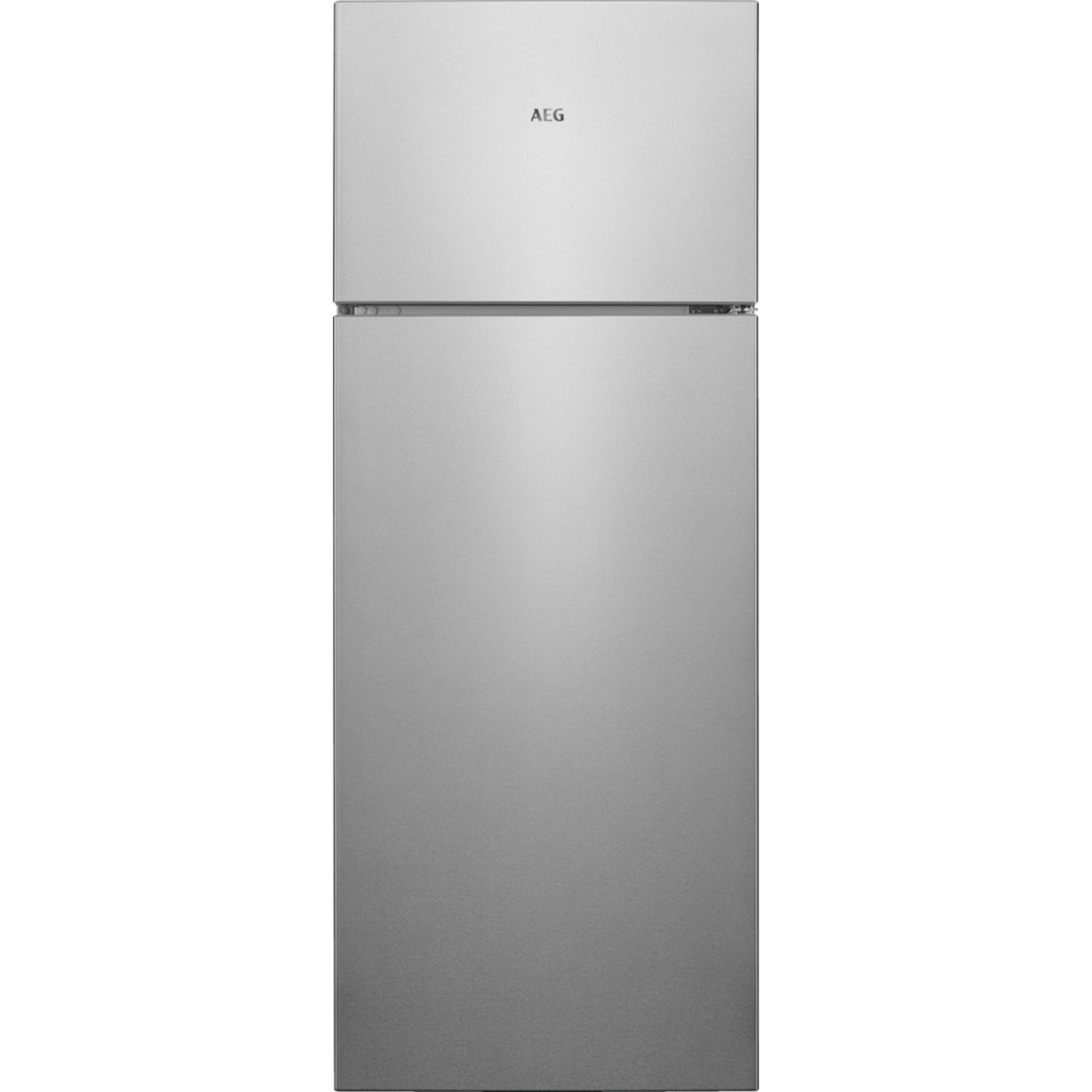 Ein silberner AEG Kühlschrank mit Gefrierfach oben.
