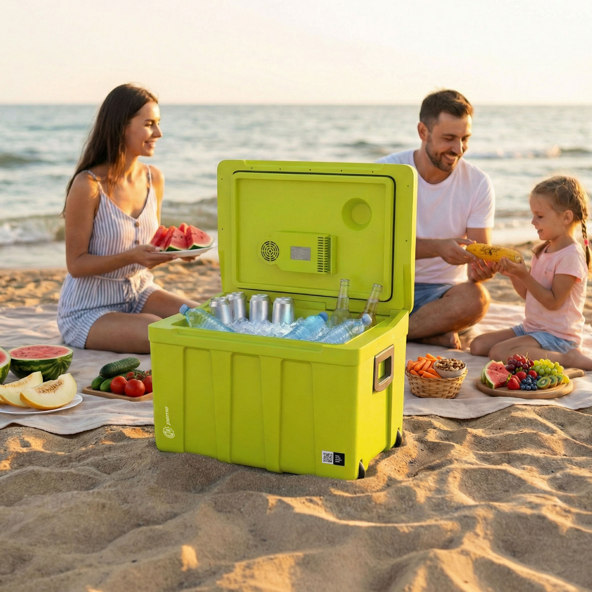 Familia disfruta picnic en playa con nevera abierta, bebidas y frutas.