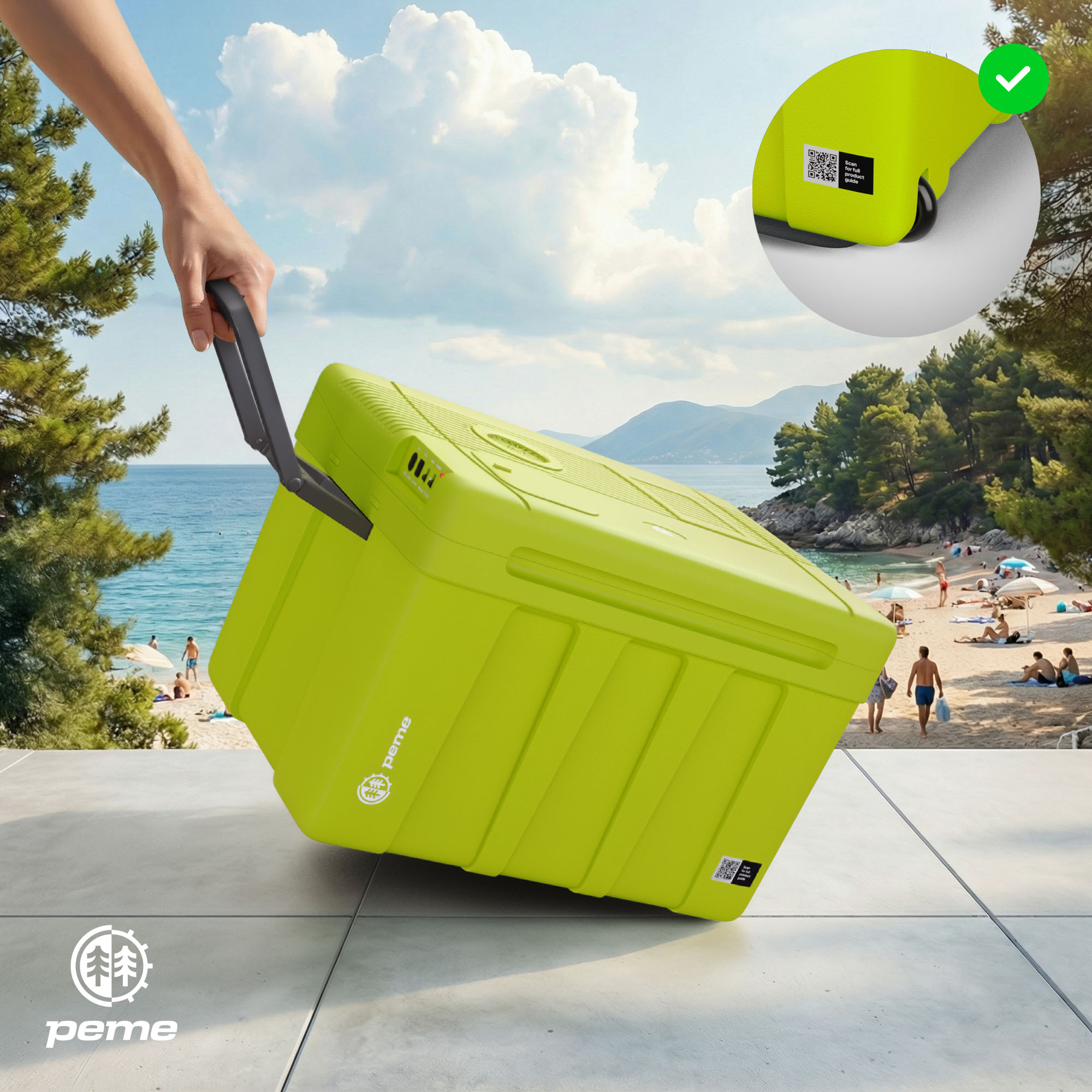 Una persona arrastra una nevera verde junto a la playa con el mar de fondo.
