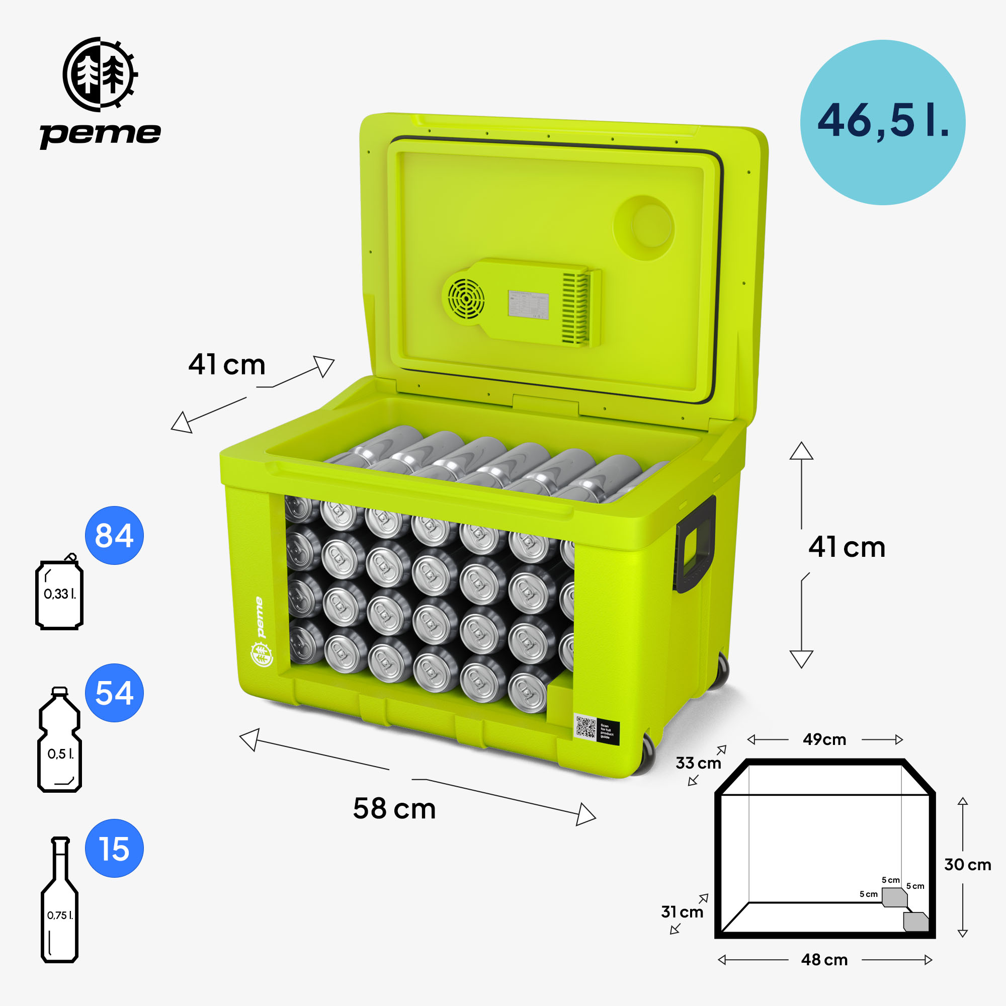 Una nevera verde brillante está abierta y llena de latas. Se muestran las dimensiones.