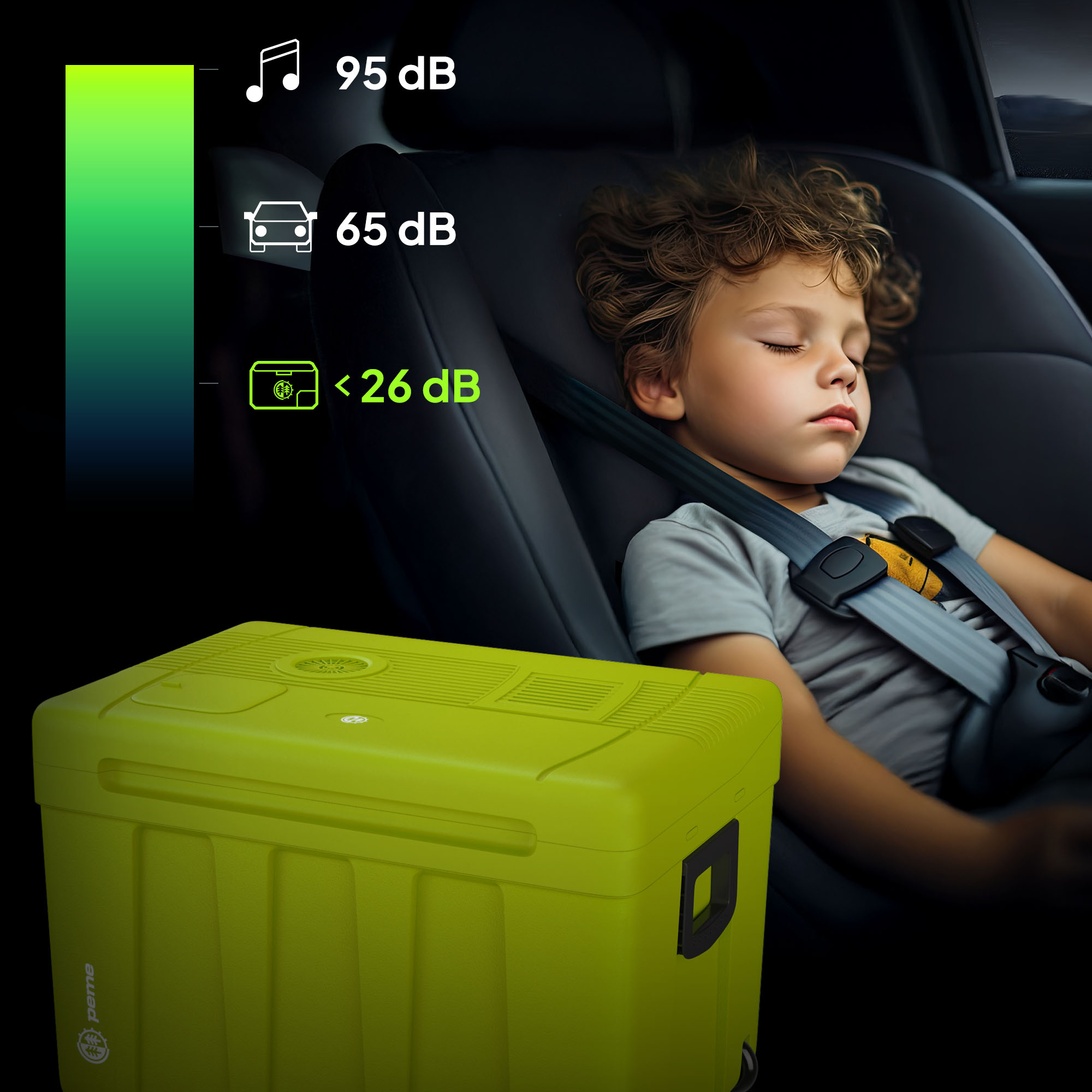 Niño duerme en coche junto a contenedor verde. 95 dB música, 65 dB coche, <lt/>26 dB contenedor.