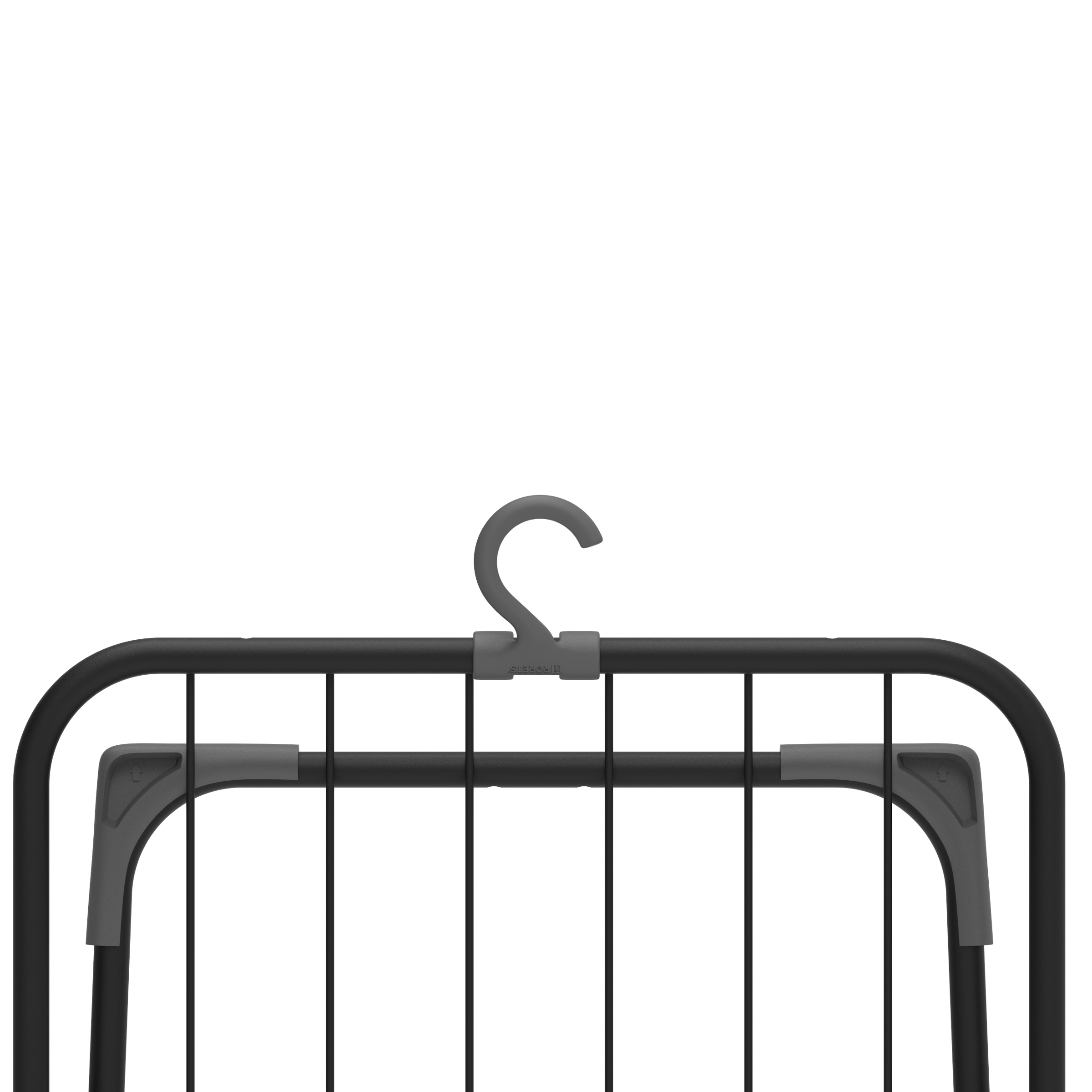 Un cintre noir avec un crochet et des barres gris.