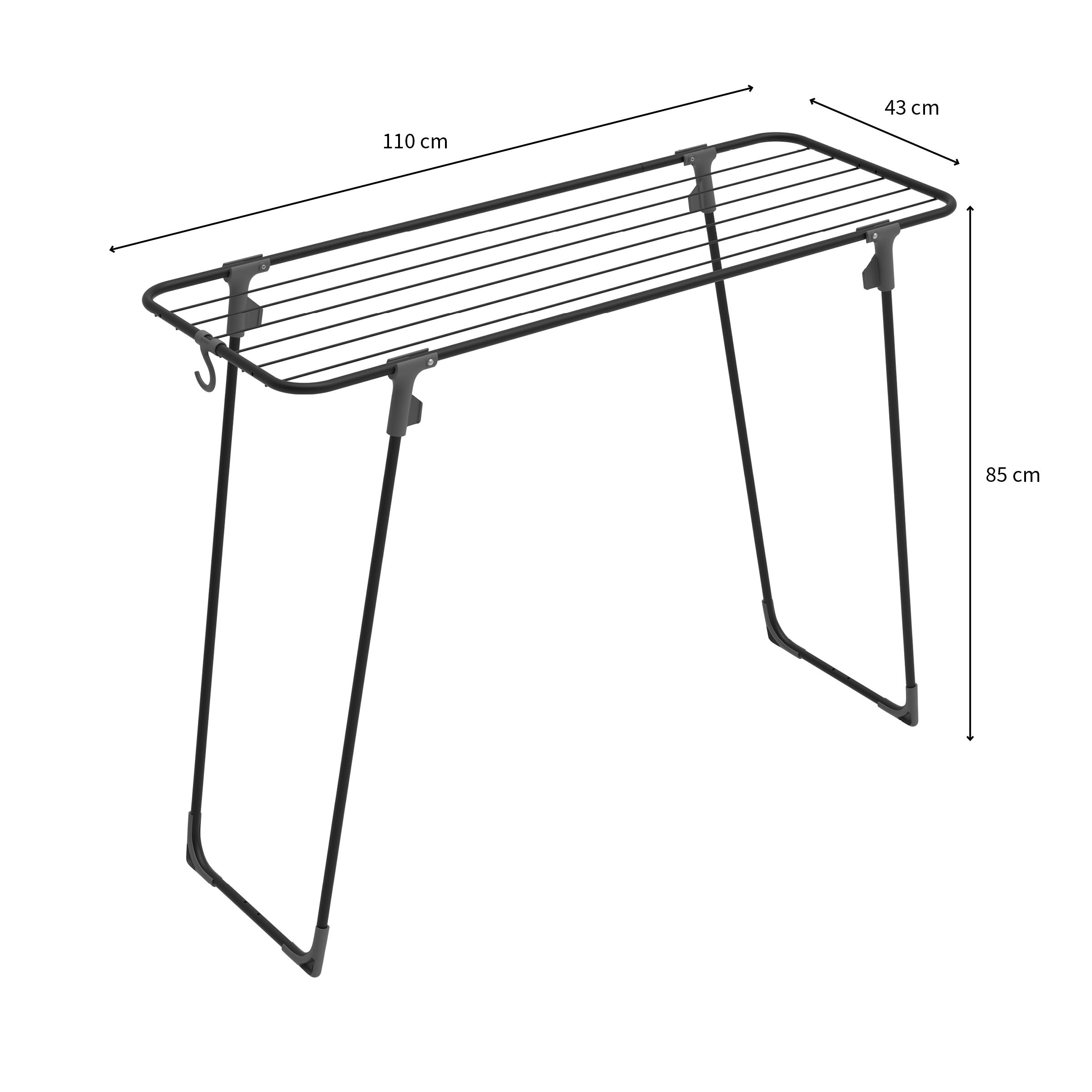 Un étendoir à linge pliable en métal, mesurant 110x43x85 cm.