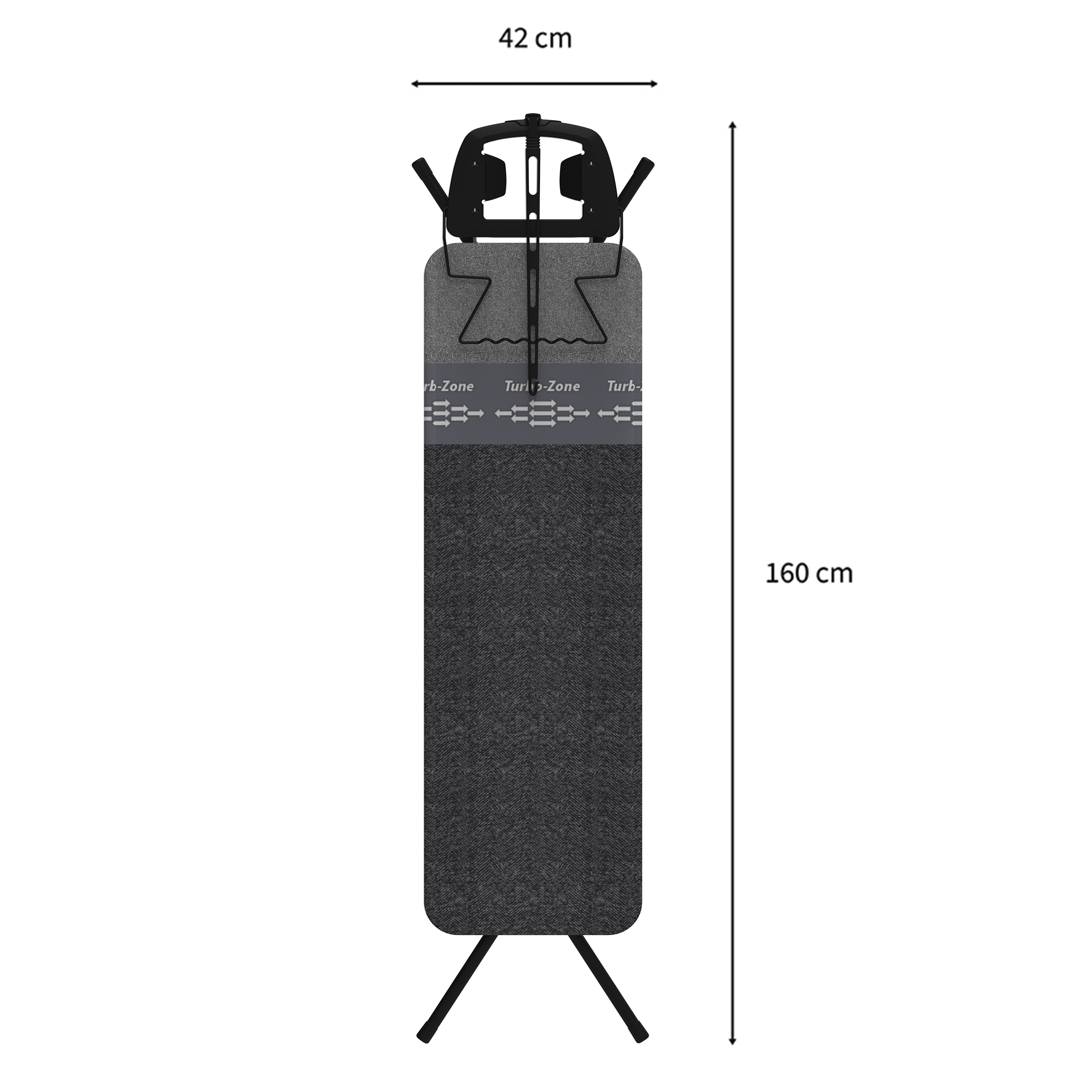 Dunkelgraues Bügelbrett mit schwarzen Beinen. Breite 42 cm, Länge 160 cm.
