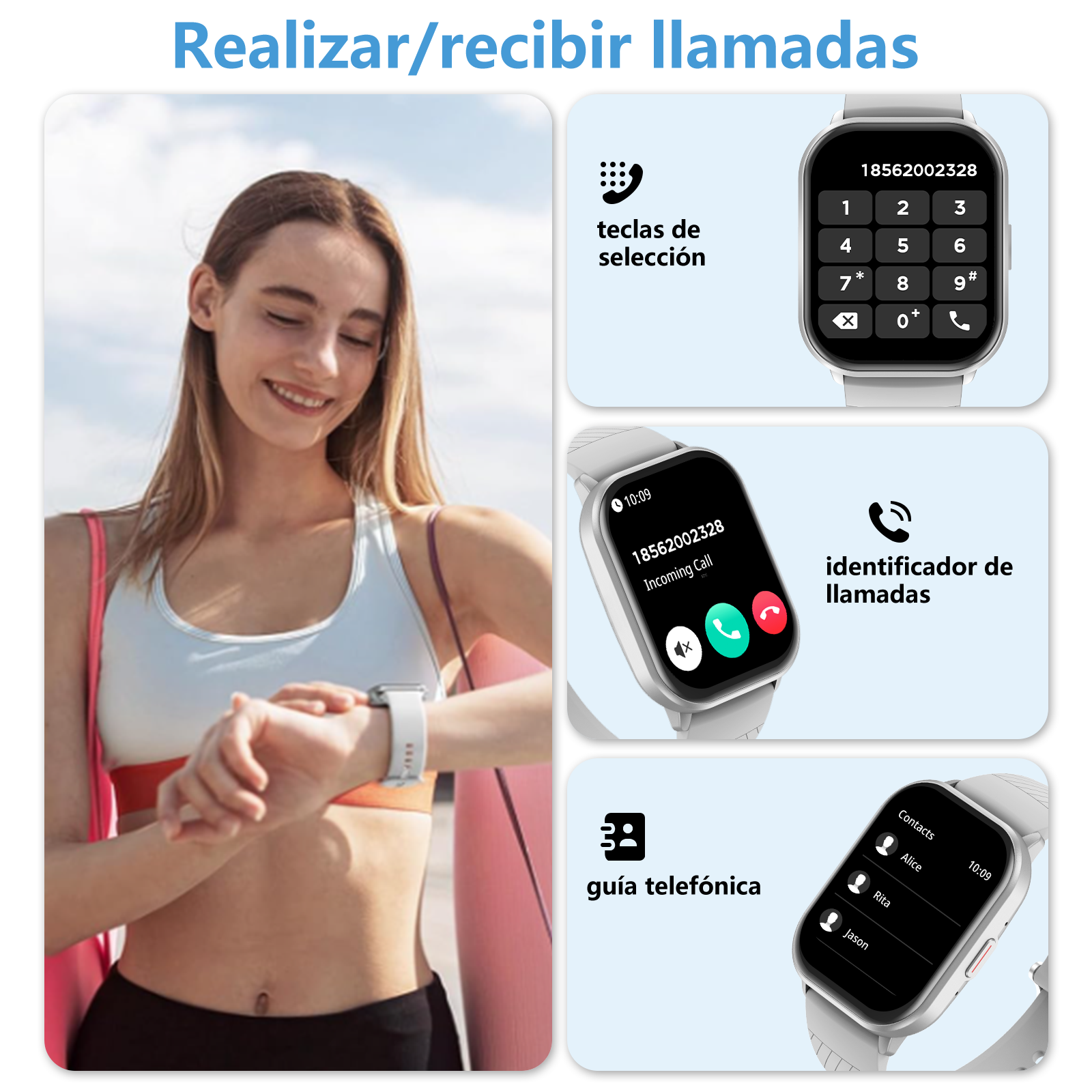Una donna guarda il suo smartwatch, che può effettuare e ricevere chiamate.