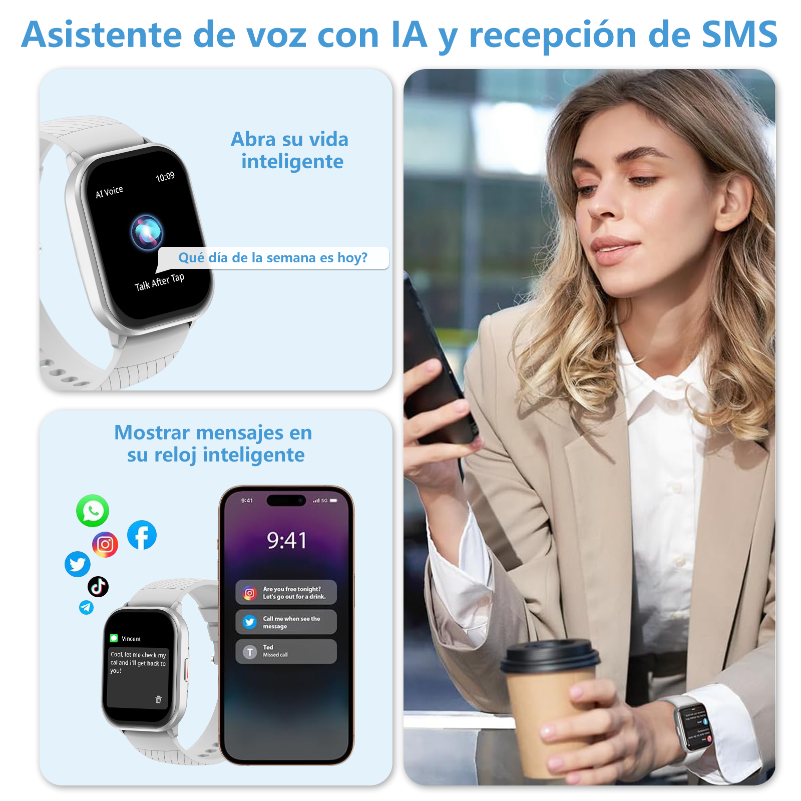 Donna usa smartphone, accanto smartwatch con notifiche e assistente IA.