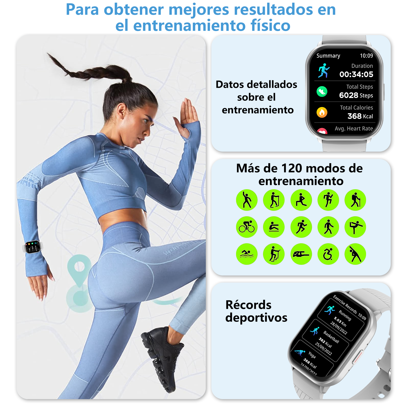 Donna in abbigliamento sportivo che corre, con dettagli smartwatch e modalità di allenamento.