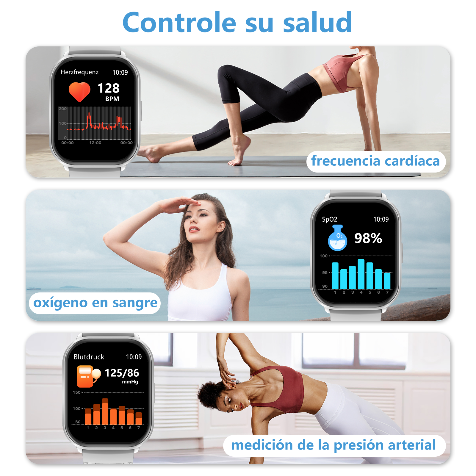 Smartwatch mostra frequenza cardiaca, ossigeno e pressione sanguigna con immagini.