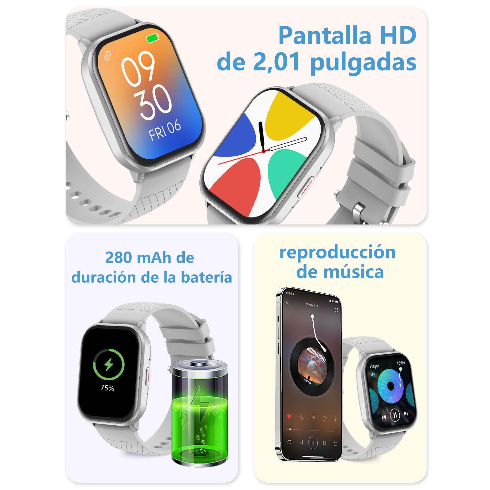 Dos smartwatches muestran esferas. Una muestra hora/fecha. La otra formas coloridas.