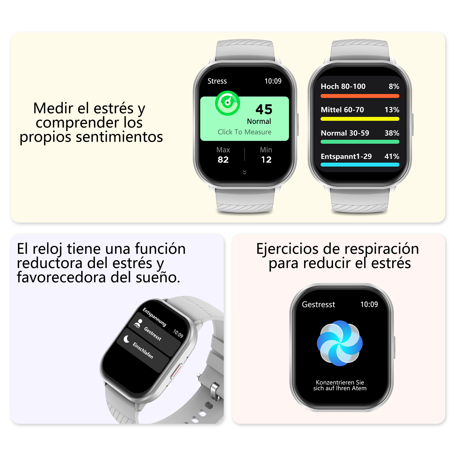 Reloj inteligente muestra niveles de estrés, funciones de sueño y ejercicios.