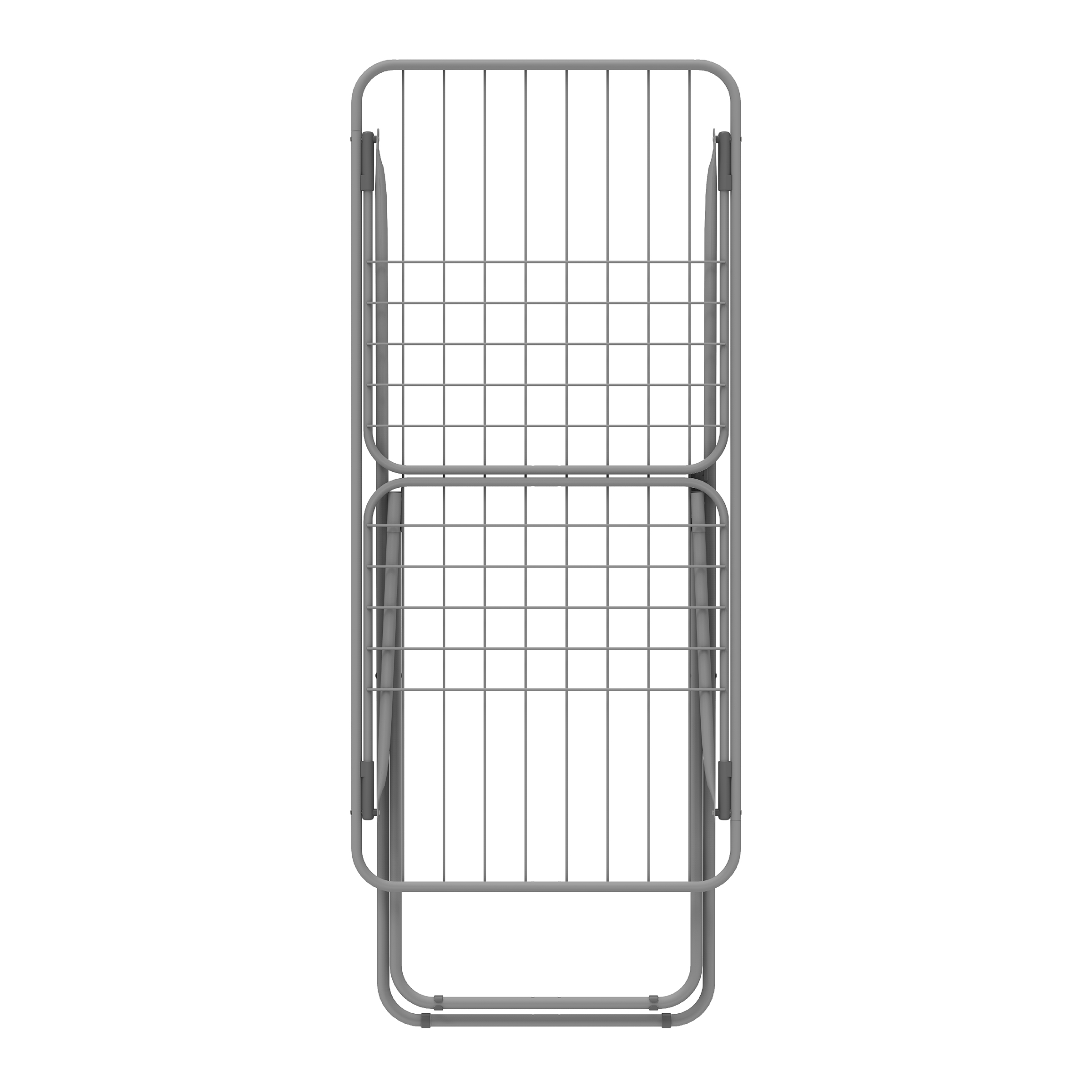 A folded grey metal drying rack with a rectangular grid pattern.