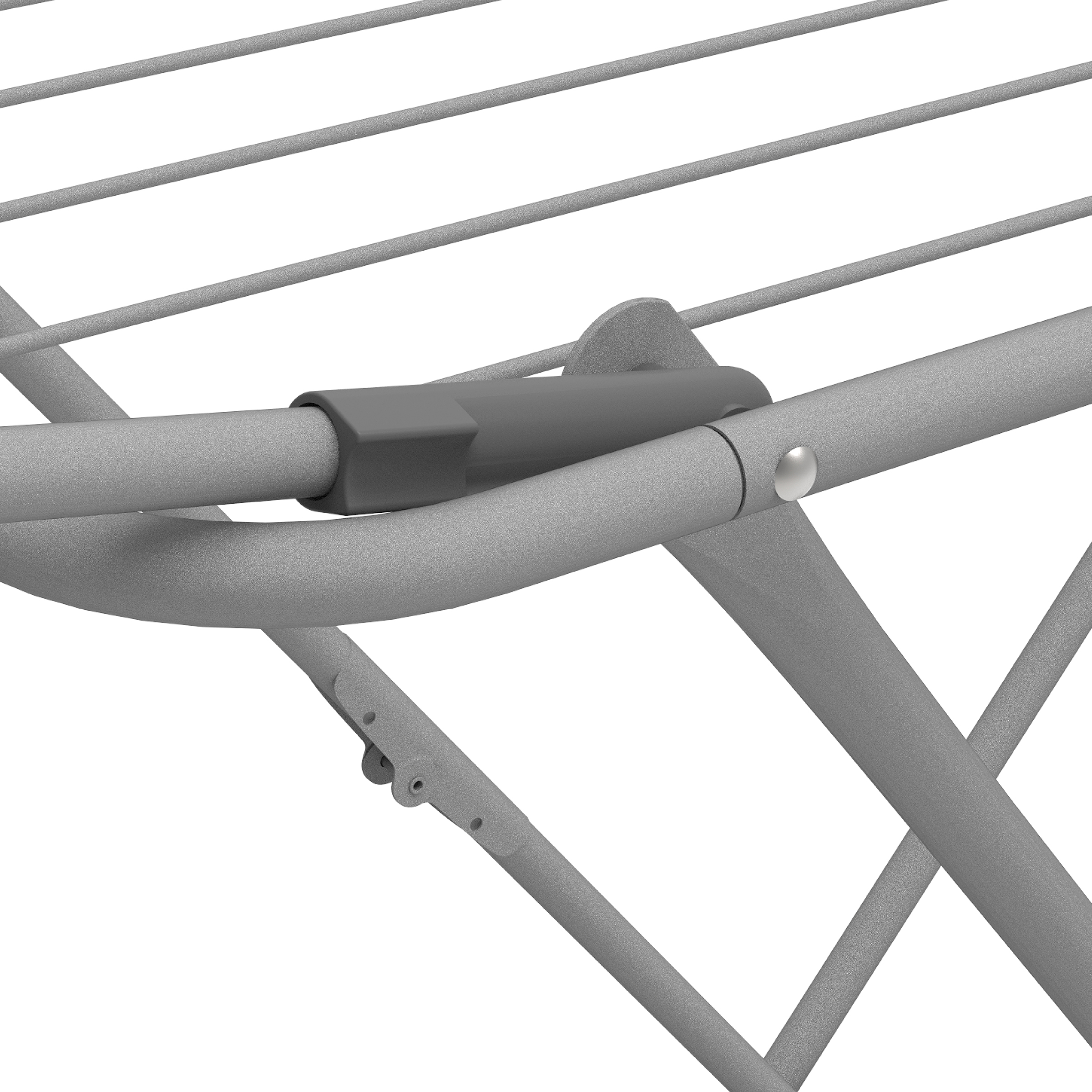 Gray clothes drying rack with parallel bars and a joint mechanism.
