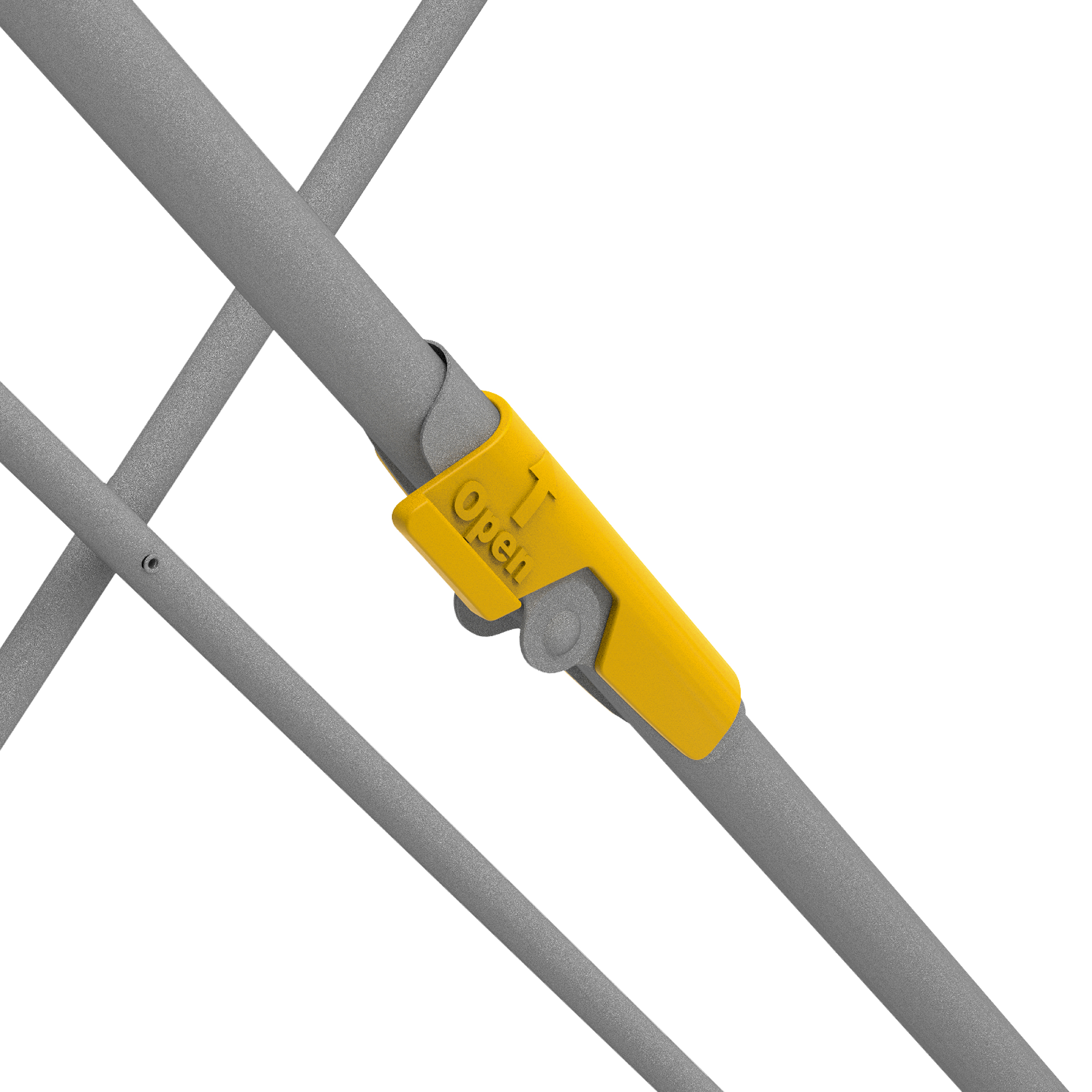Gray metal tubes cross, joined by a yellow plastic clip labeled "Open".