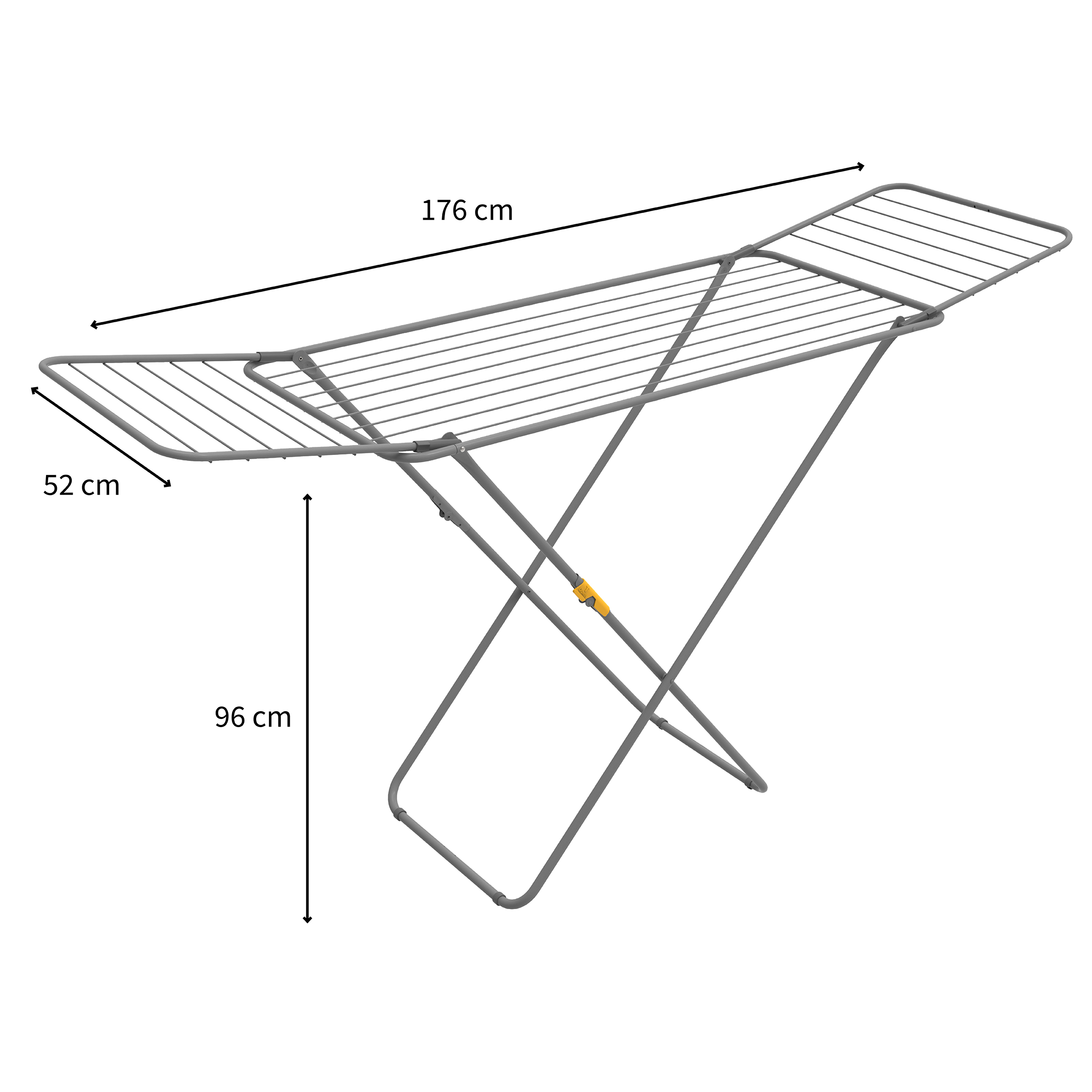 A gray metal drying rack with dimensions 176cm x 52cm x 96cm.