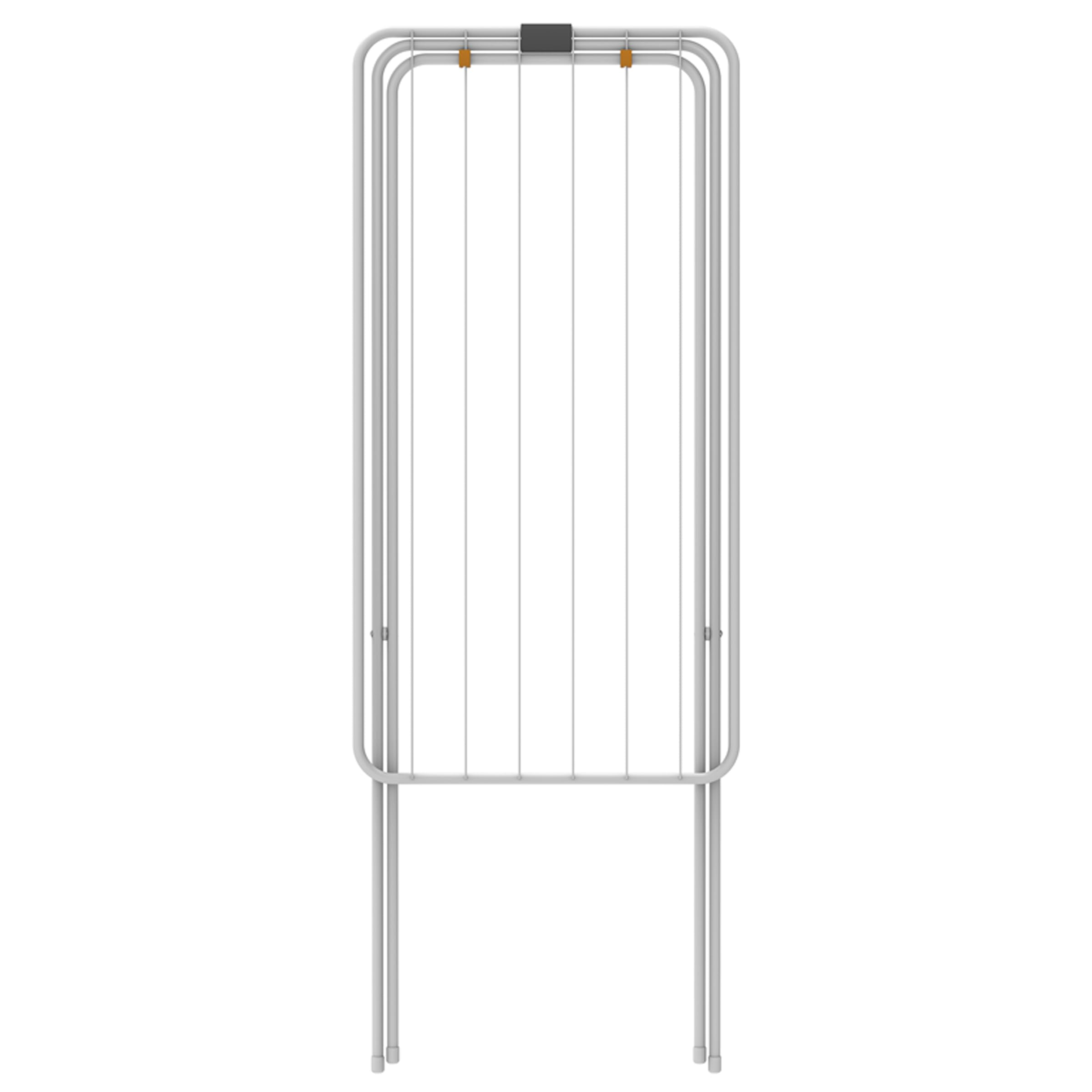 A white drying rack with vertical lines stands on a white background.