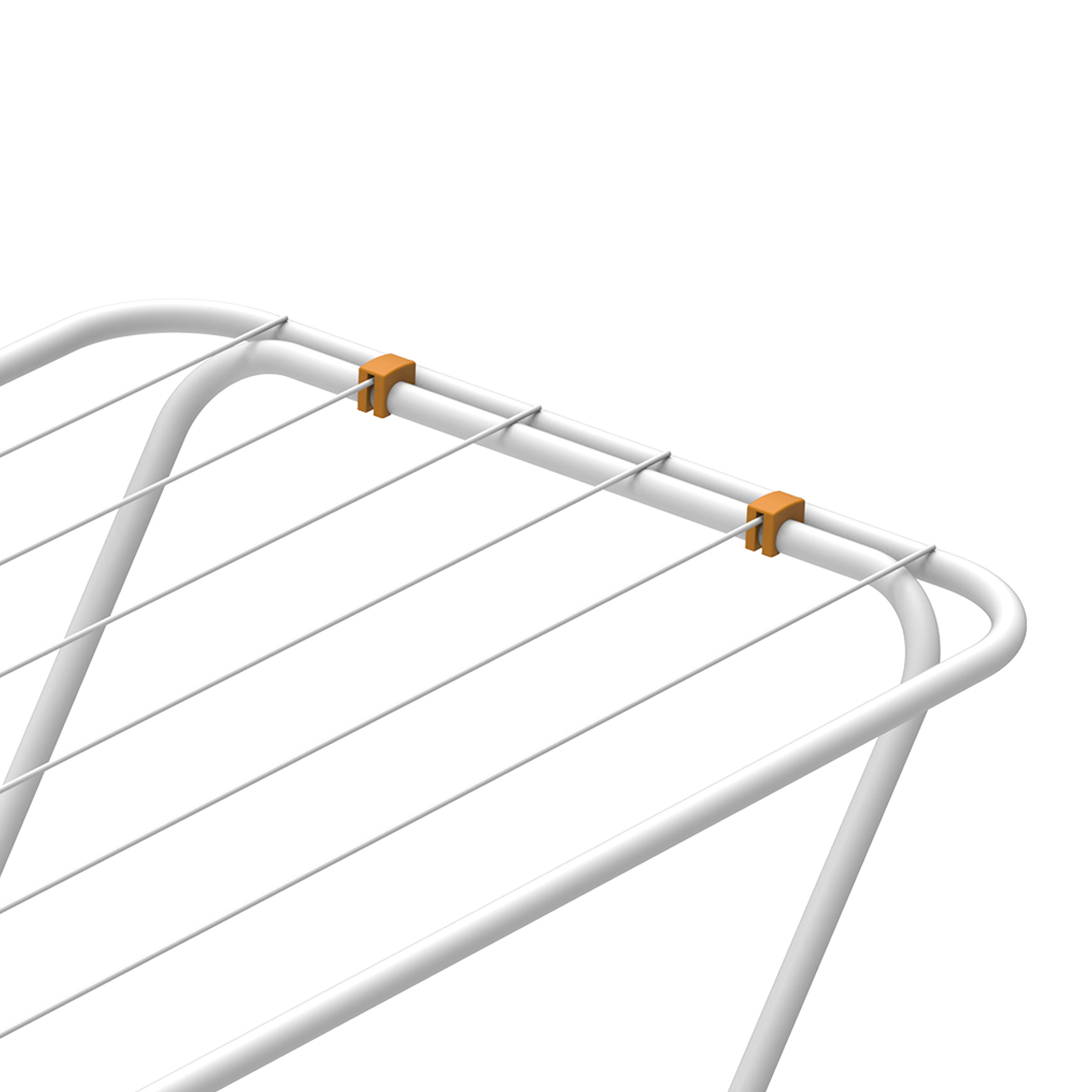 Close-up of a white drying rack with orange clips and clotheslines.