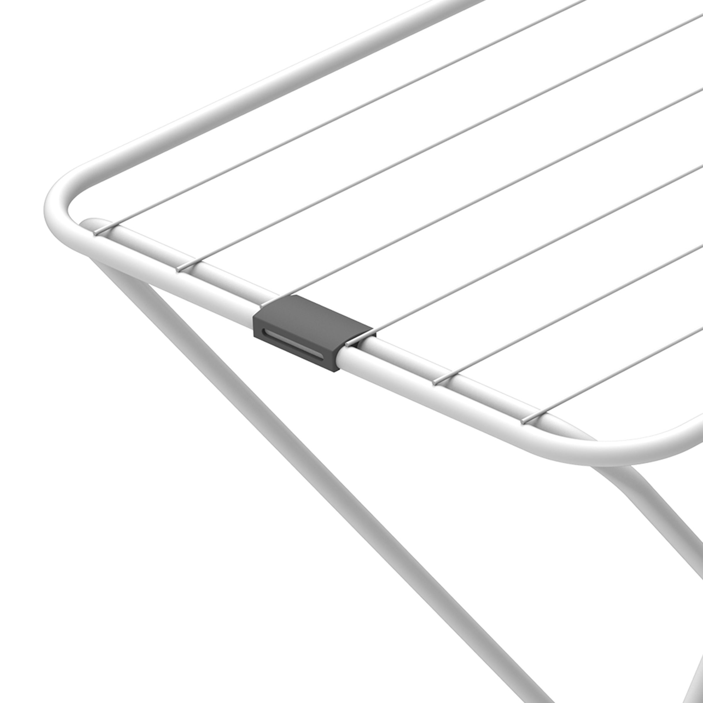 A white clothes drying rack with a grey clamp and thin wires.