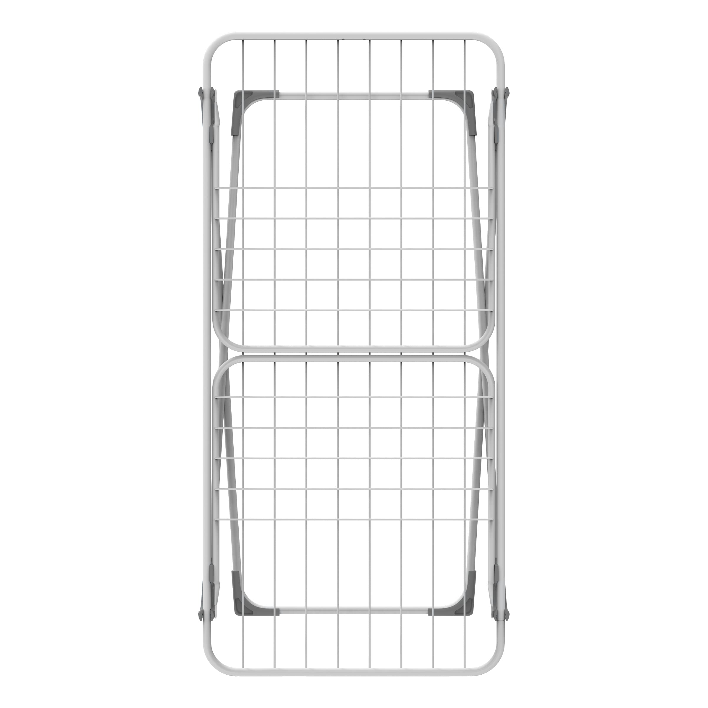 A collapsible drying rack made of white metal with grey plastic parts.