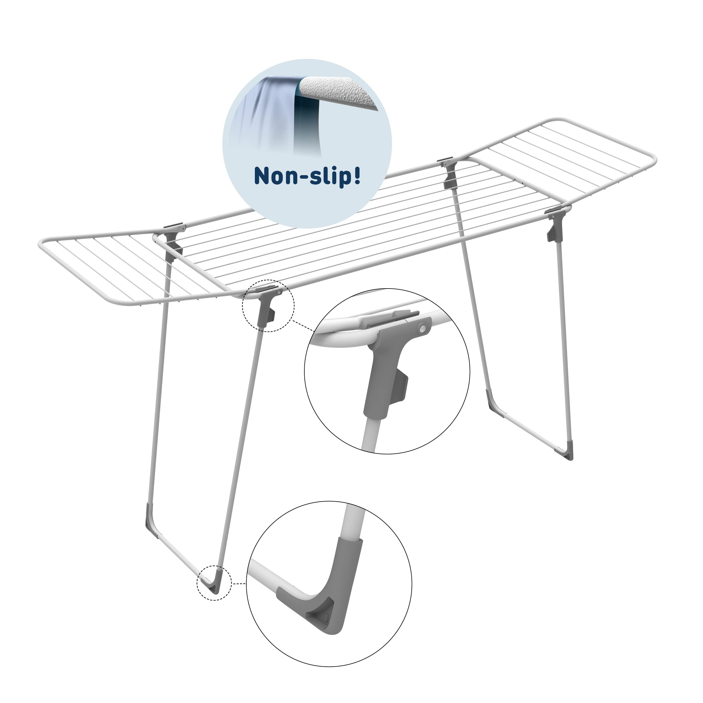 A white drying rack with fold-out wings and gray details.