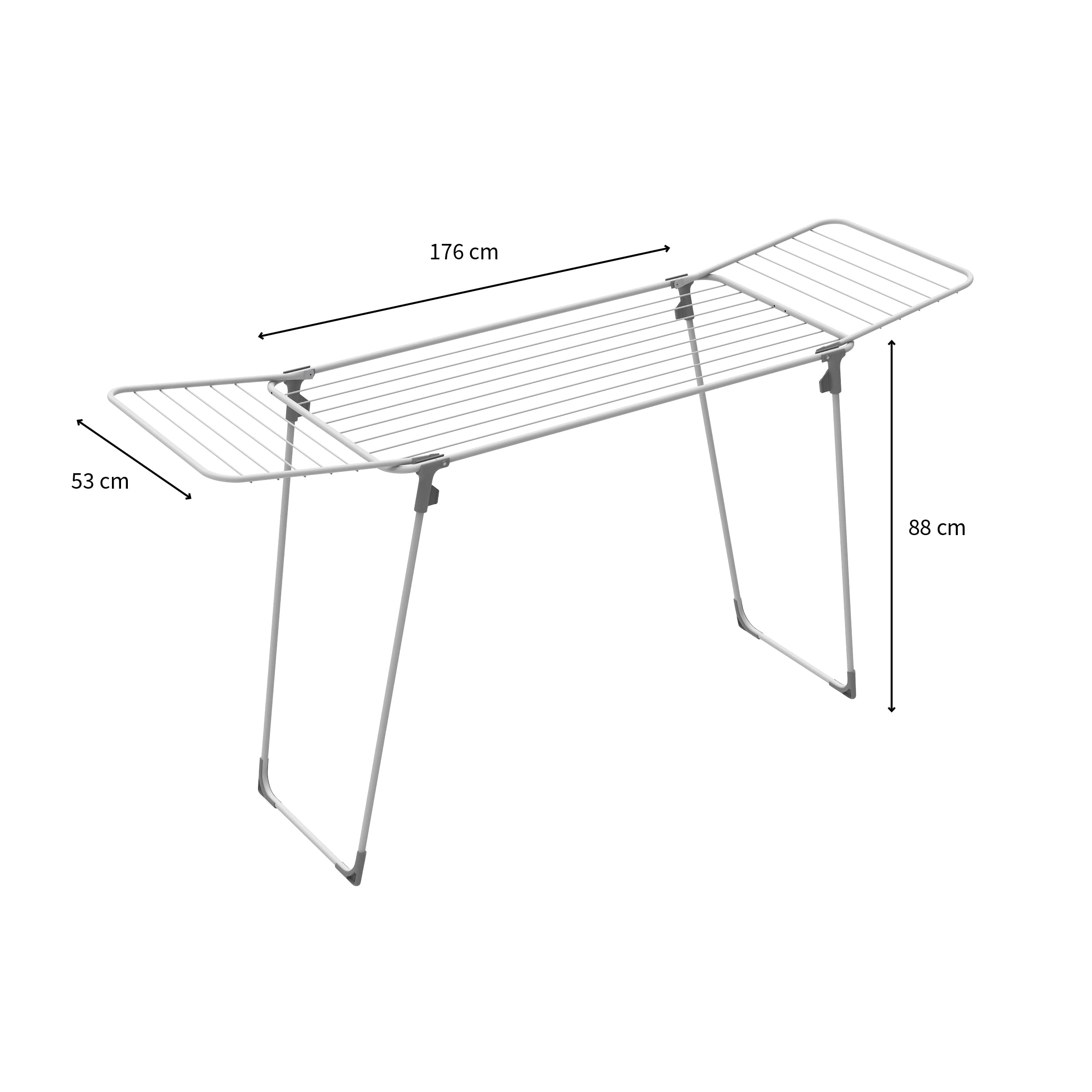 A white clothes drying rack, 176 cm long, 53 cm wide, 88 cm high.