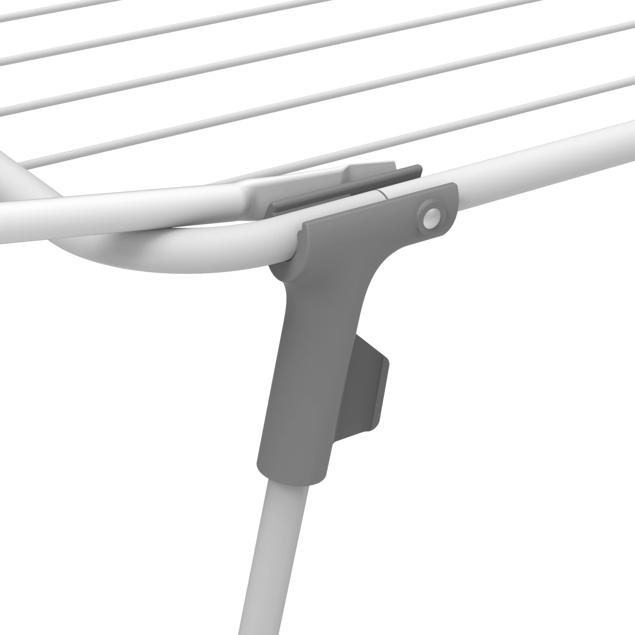 Close-up of a white clothes drying rack with gray connectors.