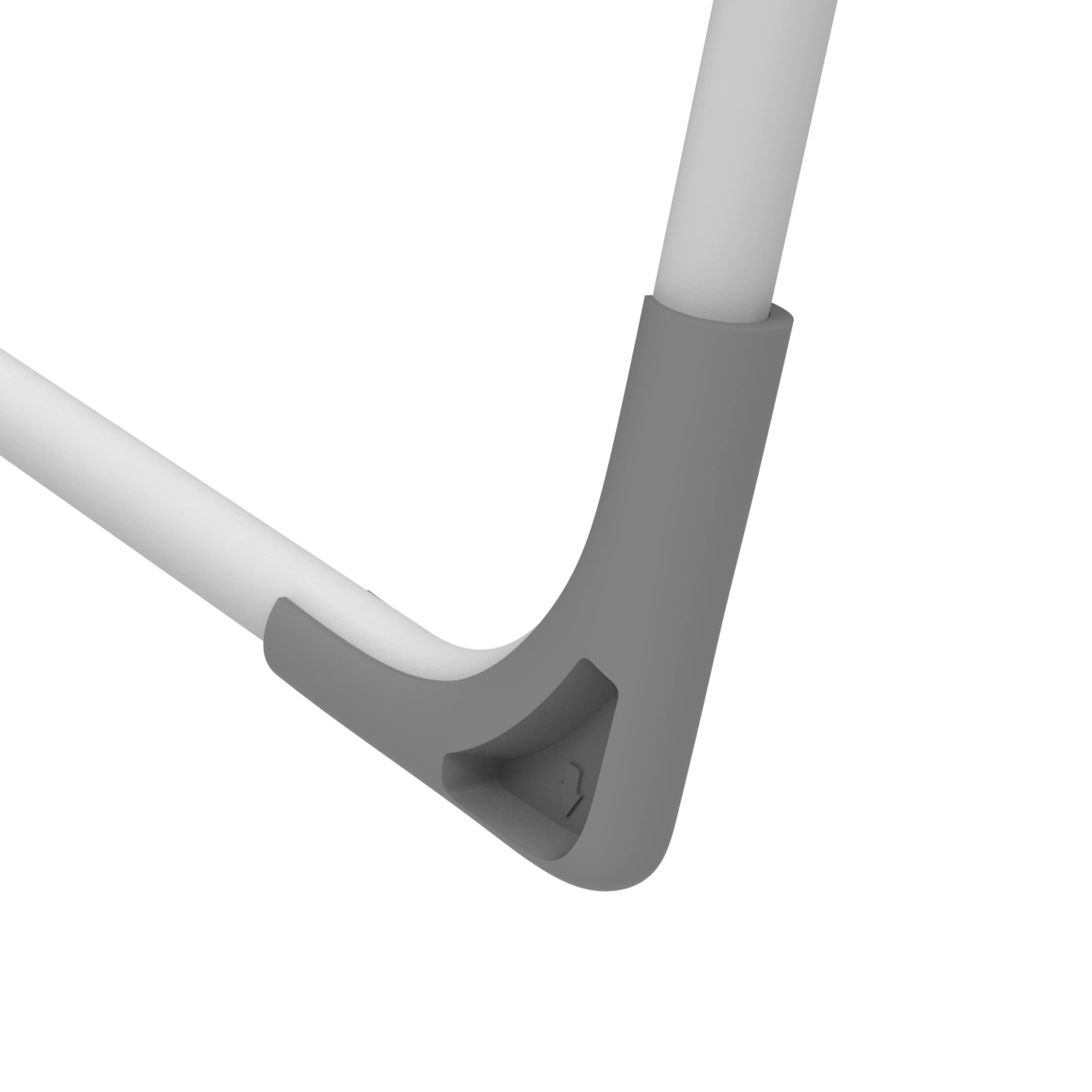 Close-up of a white tube with gray plastic connectors, white background.