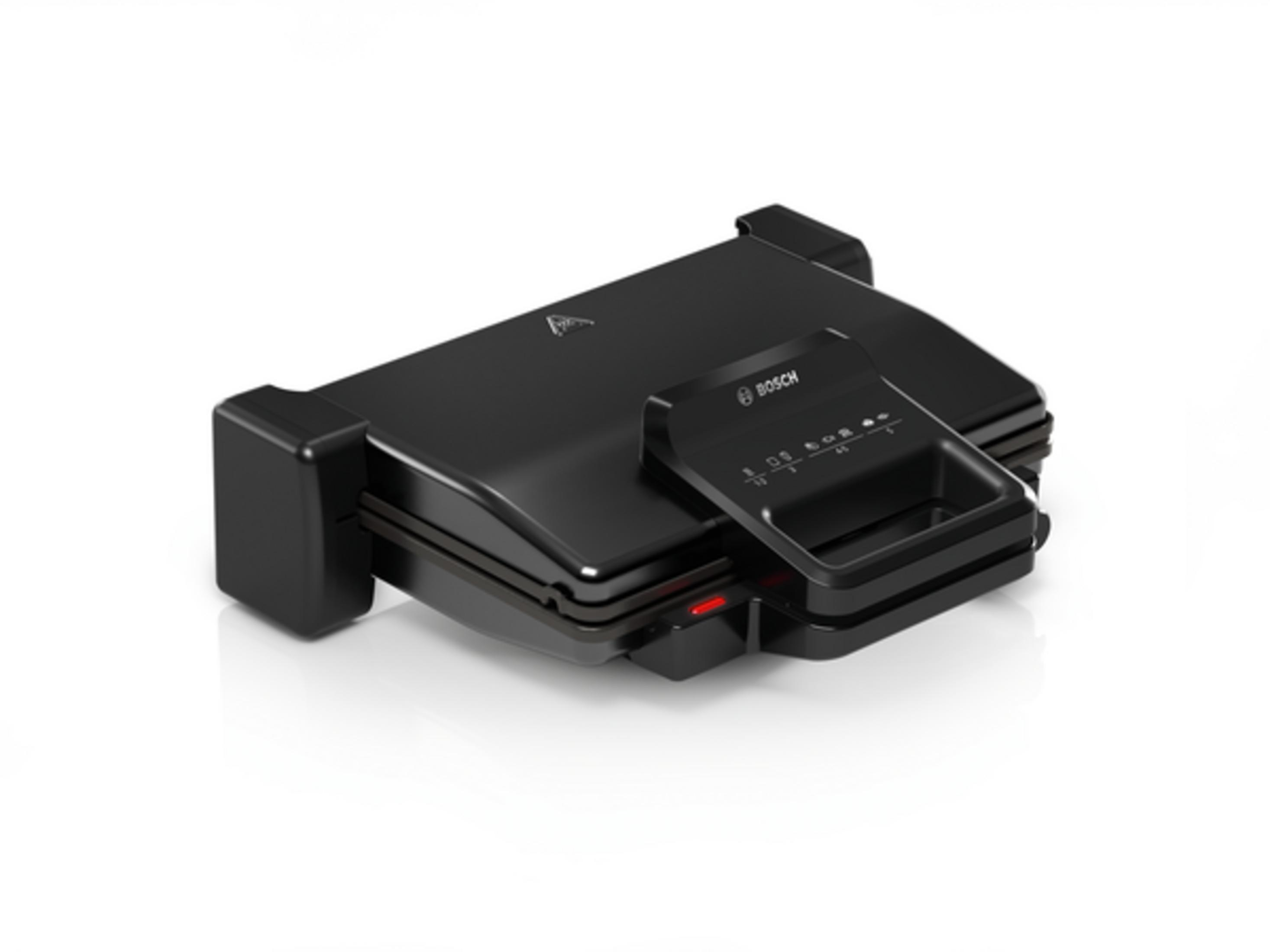 Black Bosch contact grill with handle and indicator light. On a white background.