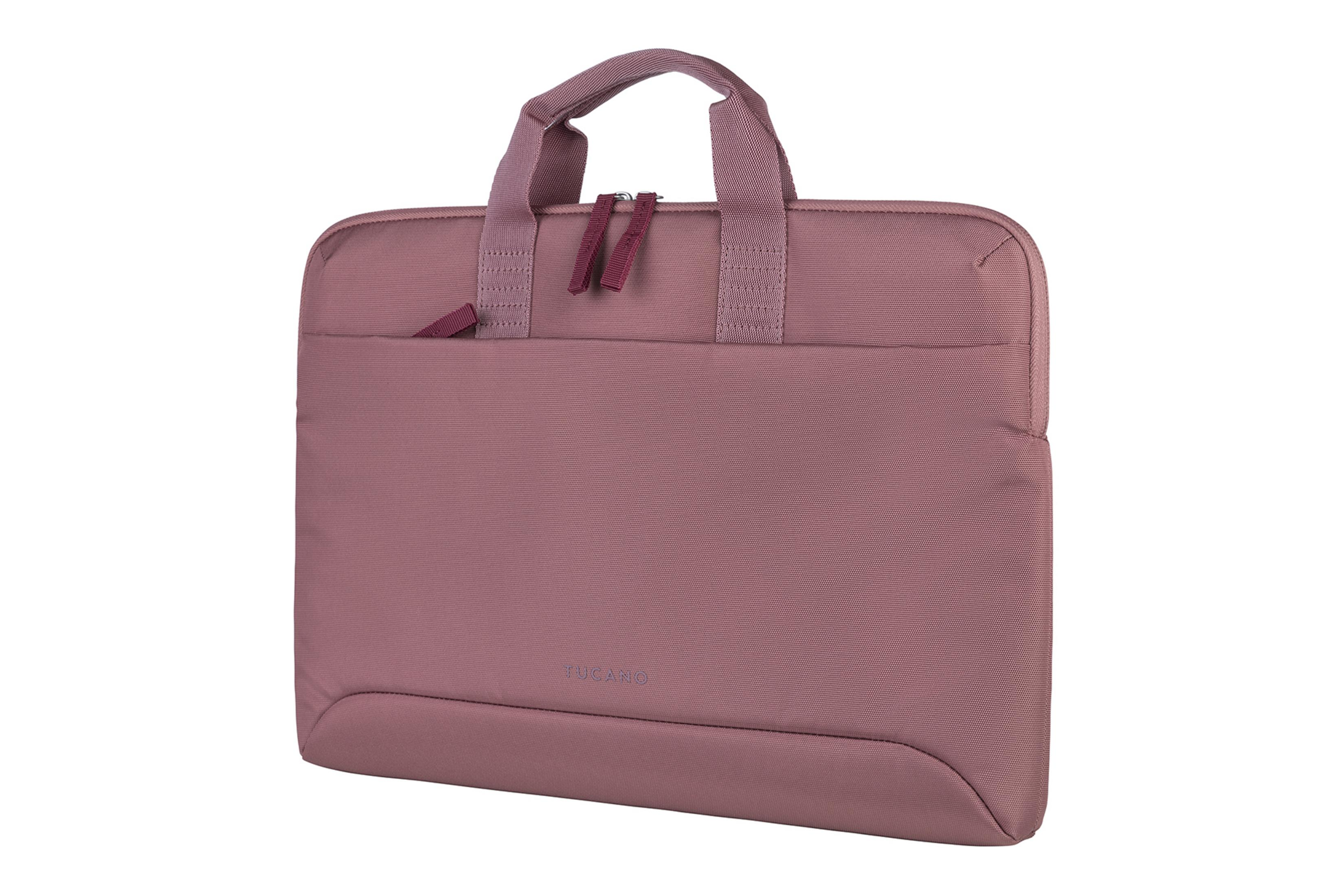 Una borsa per laptop color rosa con due manici e zip.