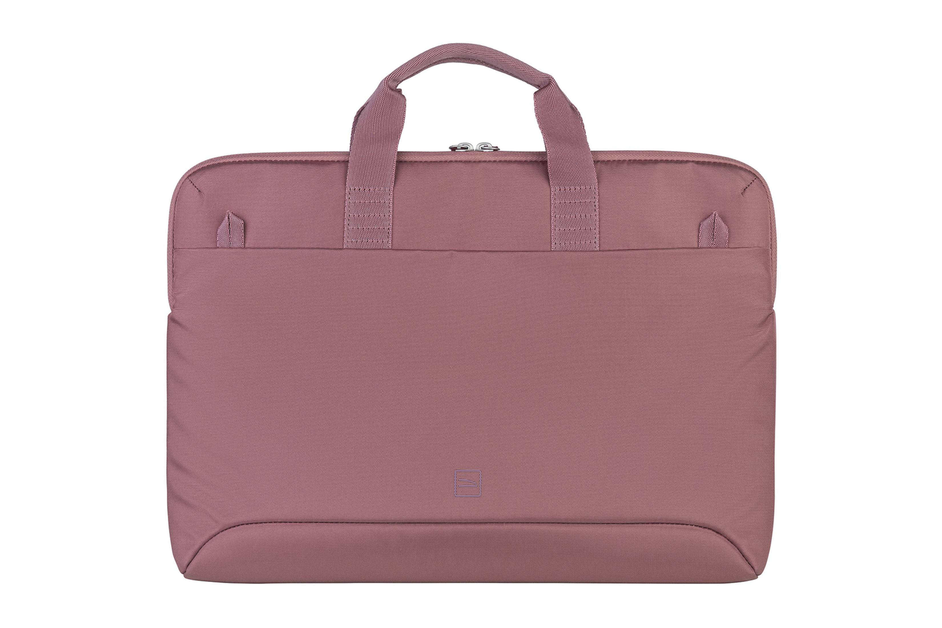 Una borsa per laptop rosa antico con due manici e un logo.