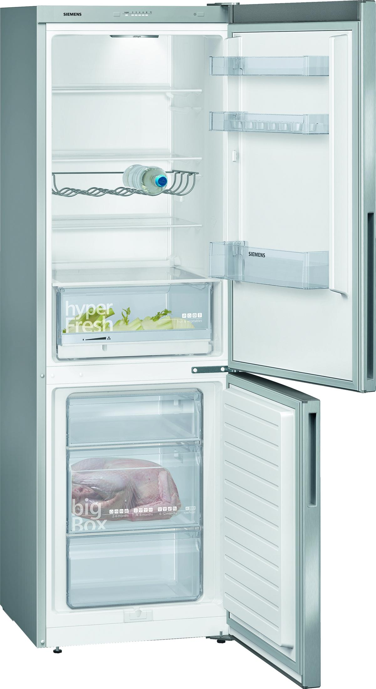 Offener Siemens Kühlschrank mit Gefrierfach, gefüllt mit Lebensmitteln.
