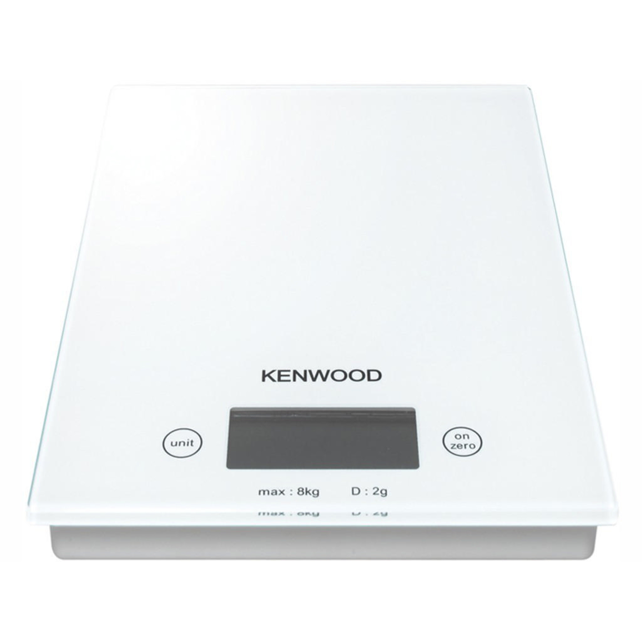Bilancia da cucina digitale bianca con display LCD e logo Kenwood.