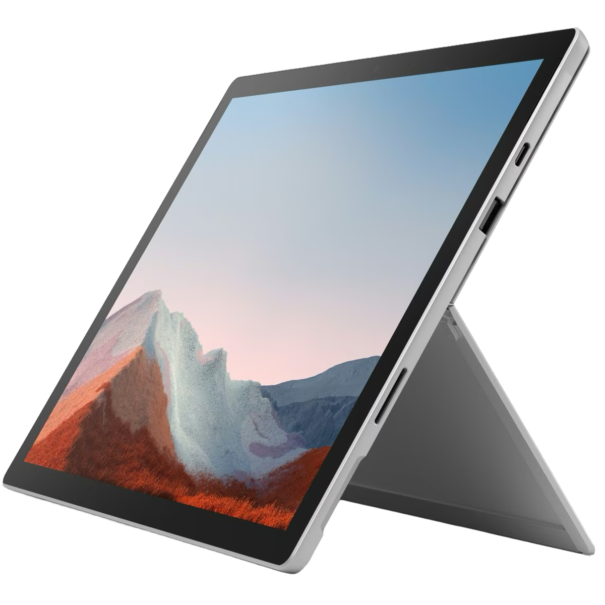 Zilveren tablet met standaard, berglandschap op het scherm.