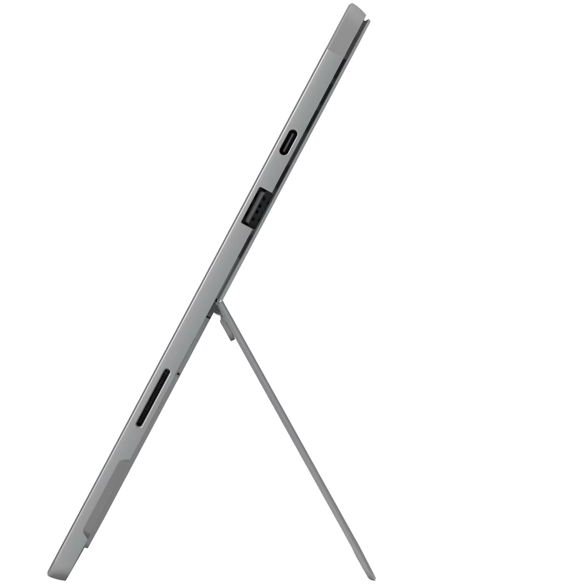Grijze tablet met standaard, zijaanzicht met poorten.