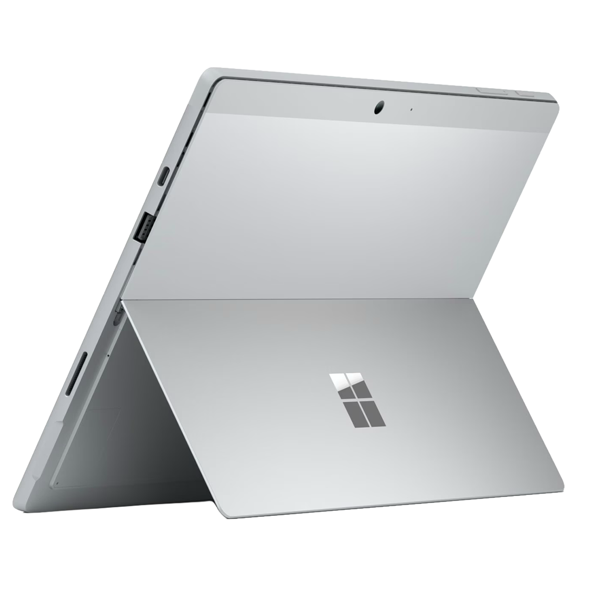 Zilveren Microsoft Surface met standaard open, USB-poort zichtbaar.