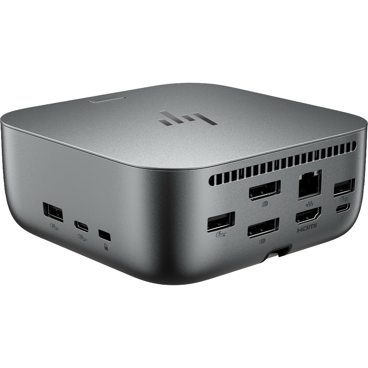 Grauer HP Dockingstation mit vielen Anschlüssen wie USB, HDMI und Ethernet.