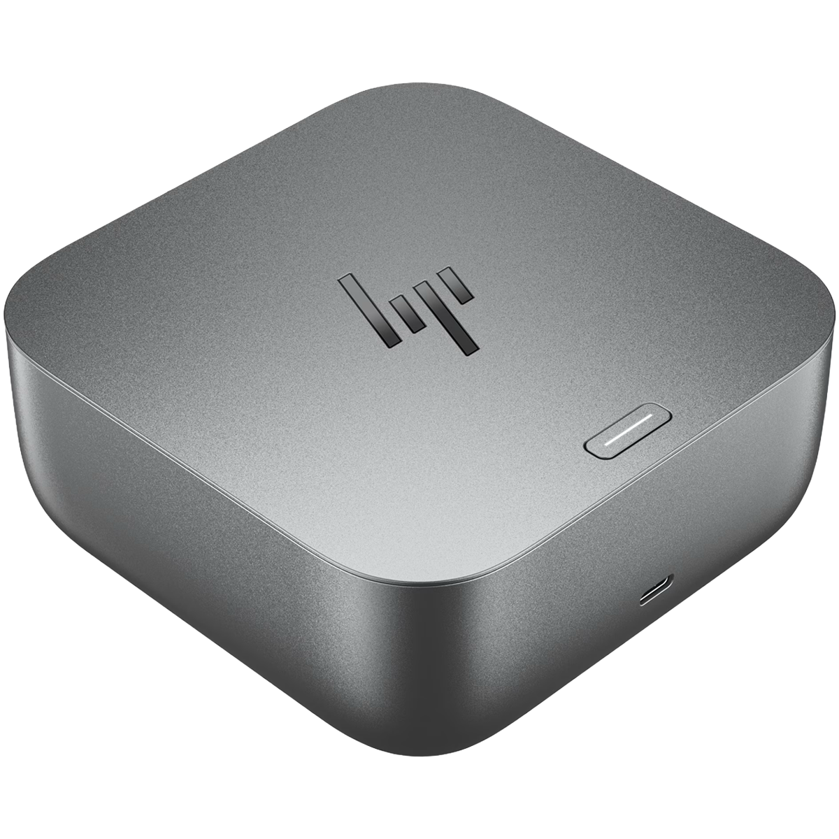 Graues HP-Kompaktgerät mit Logo, Ein/Aus-Taste und USB-C-Anschluss.