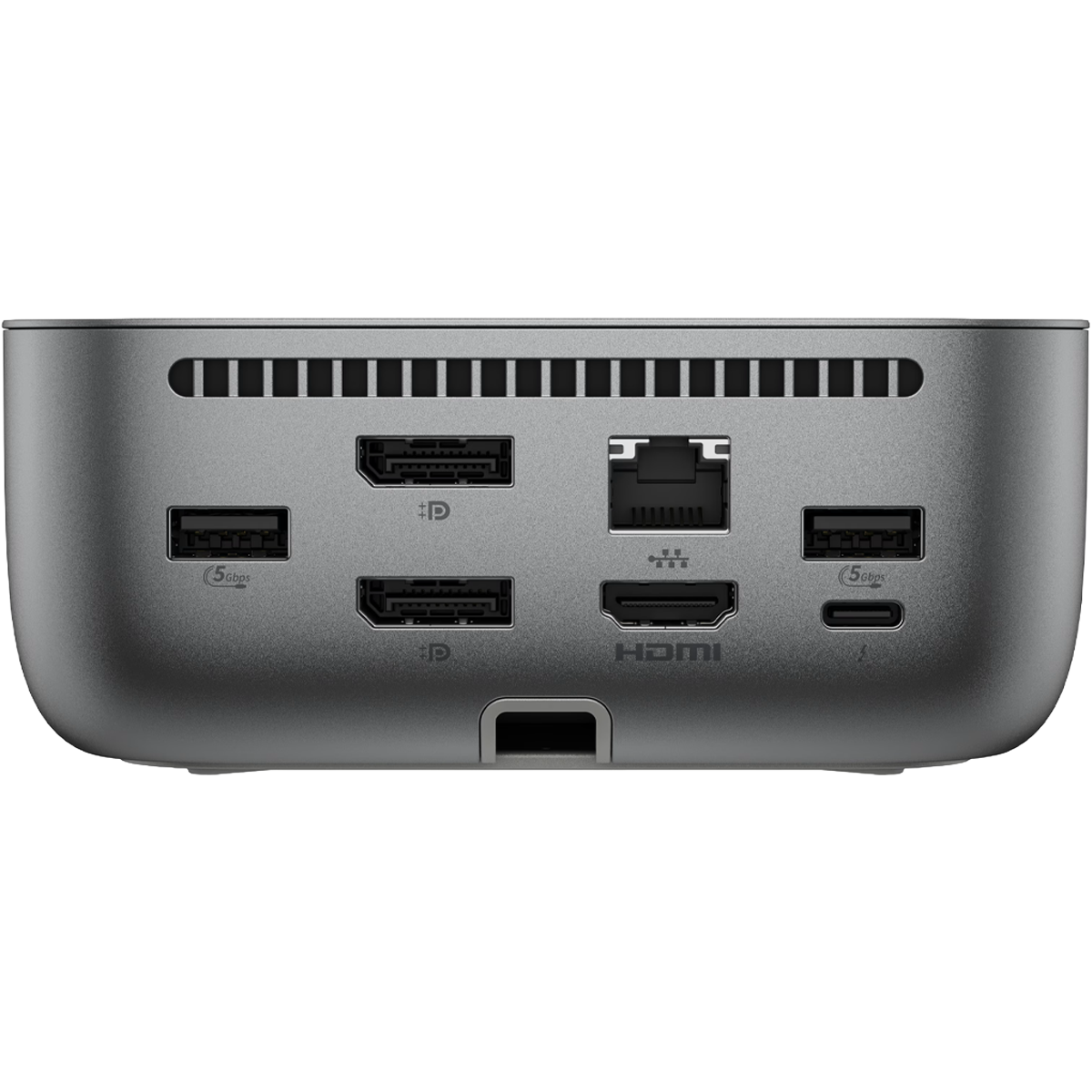 Rückseite eines grauen Geräts mit Anschlüssen: 2x HDMI, Ethernet, 2x USB-A, 1x USB-C.
