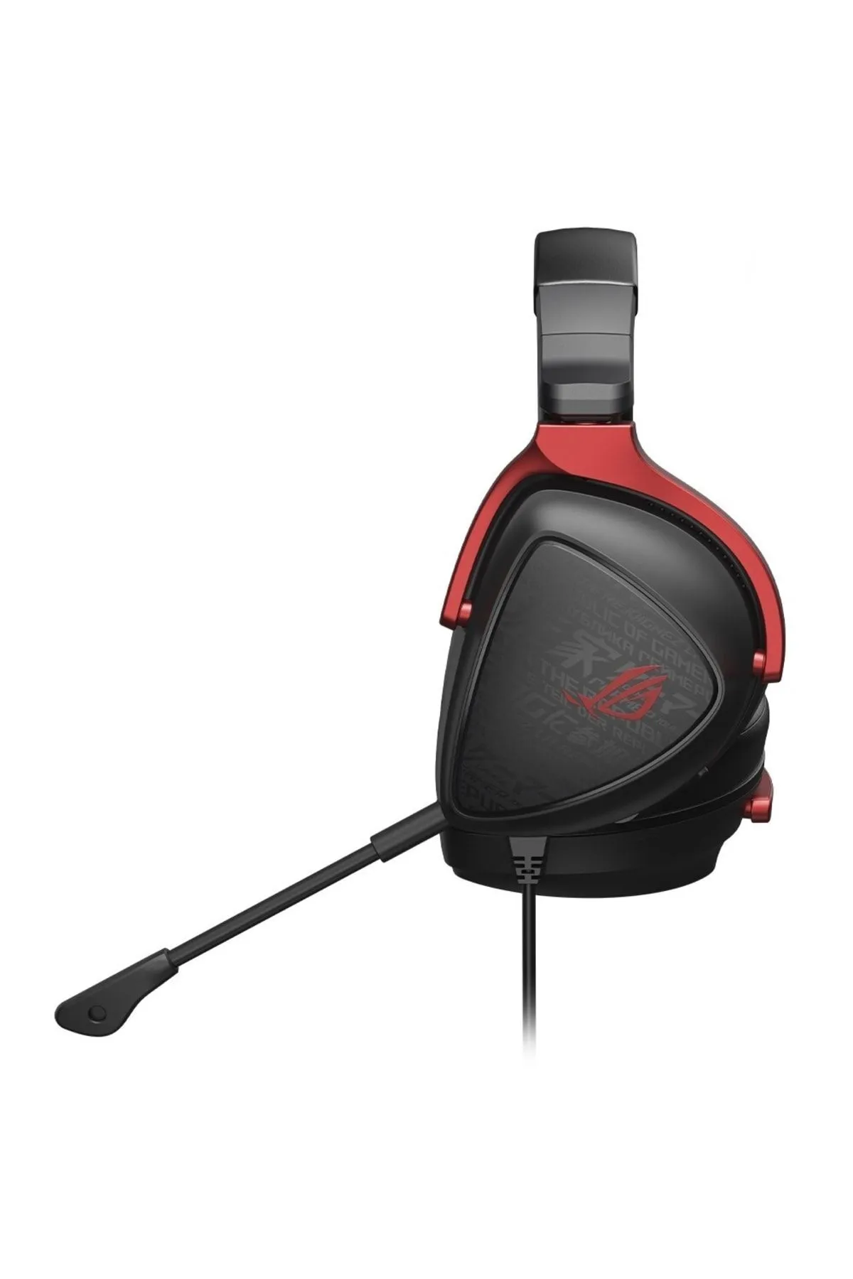 Czarno-czerwone słuchawki gamingowe z mikrofonem, na białym tle.