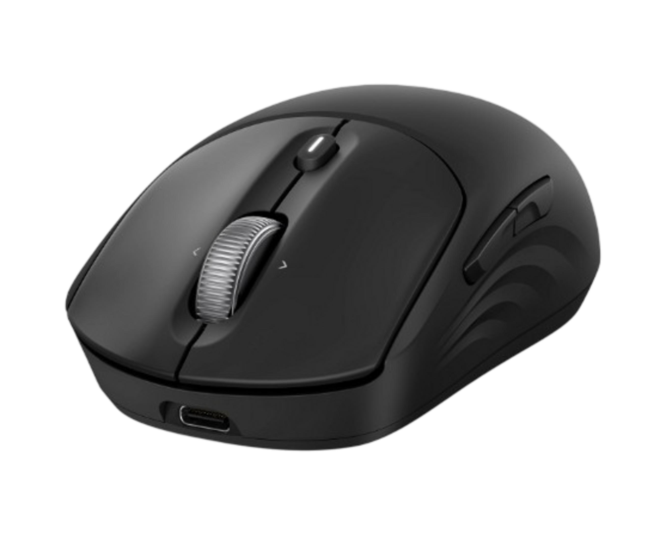 Czarna mysz bezprzewodowa z kółkiem do przewijania i portem USB-C.