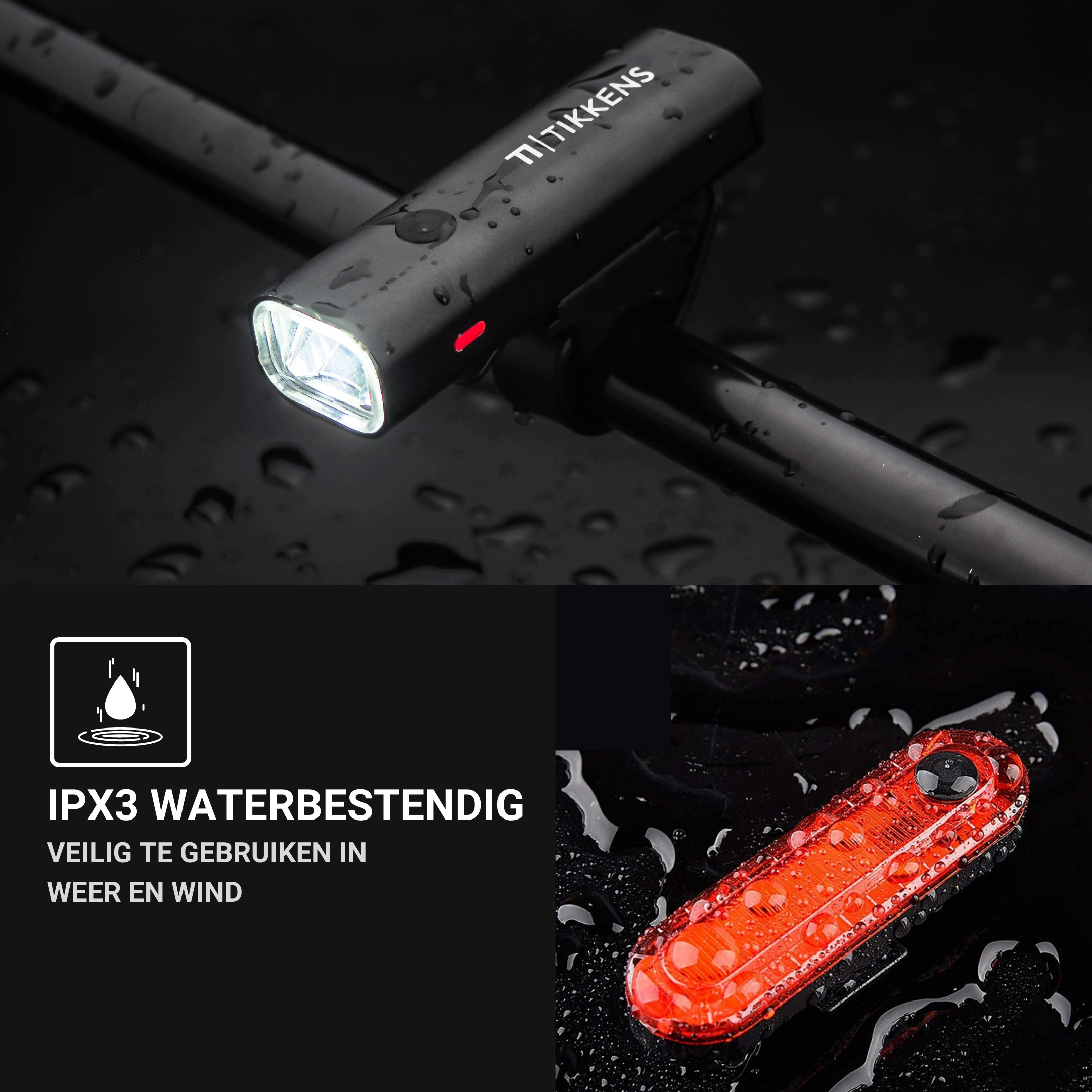 Bike light and taillight with water drops. IPX3 waterproof.