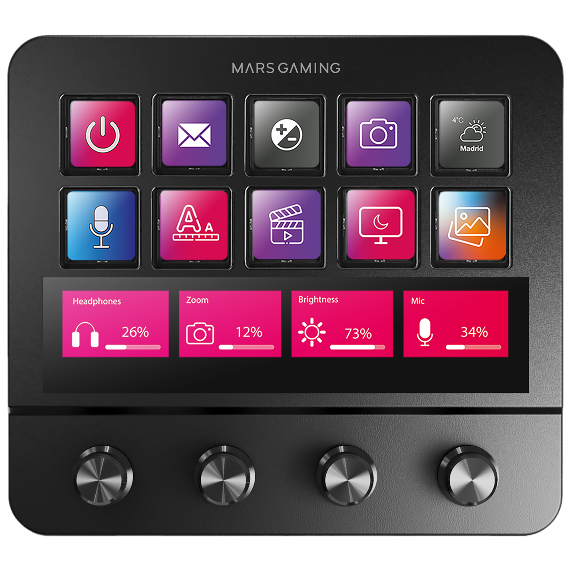 Mars Gaming Stream Deck con icone, manopole e indicatori.